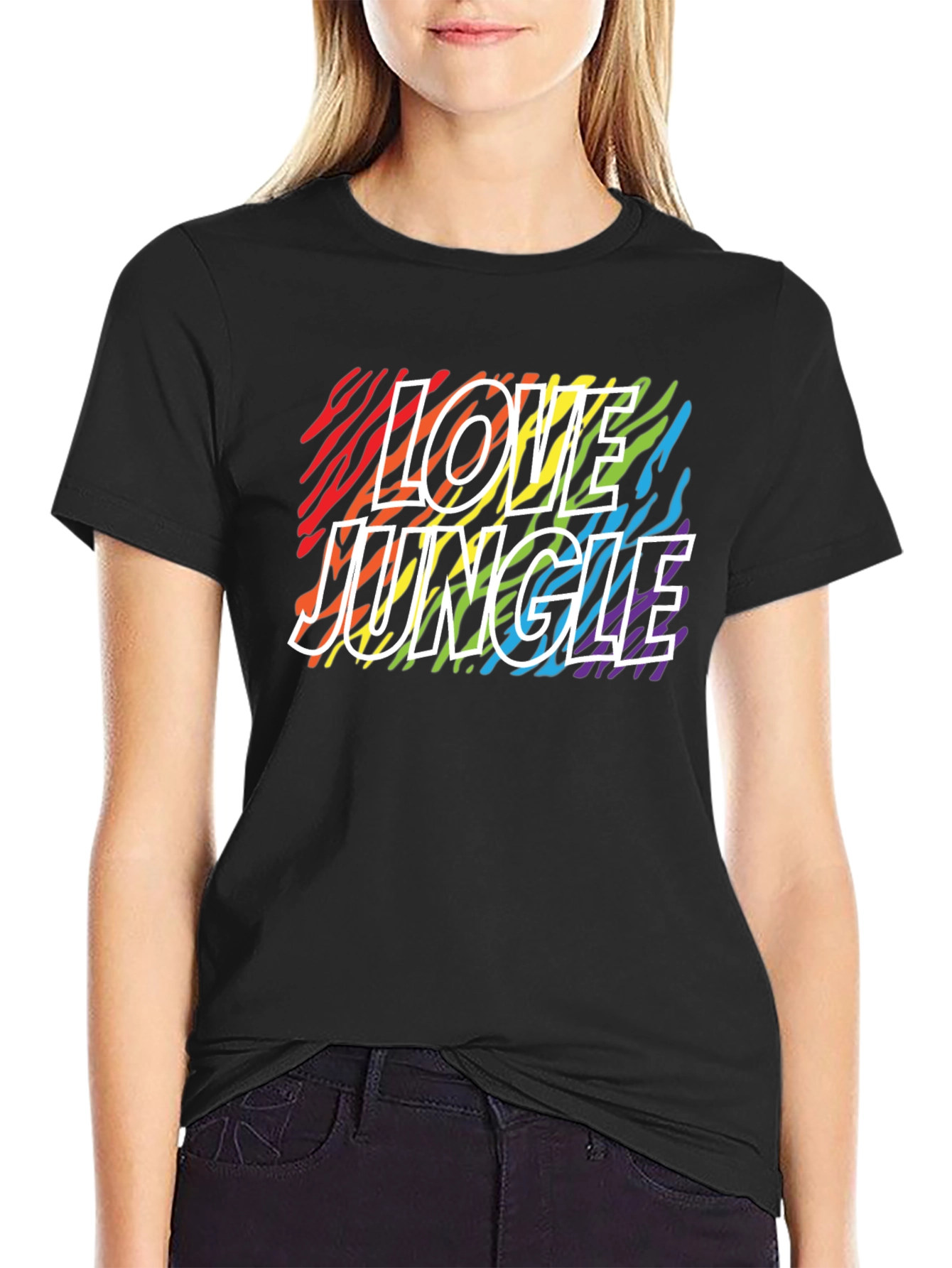 Love Jungle Rainbow Zebra Print Black T-Shirt