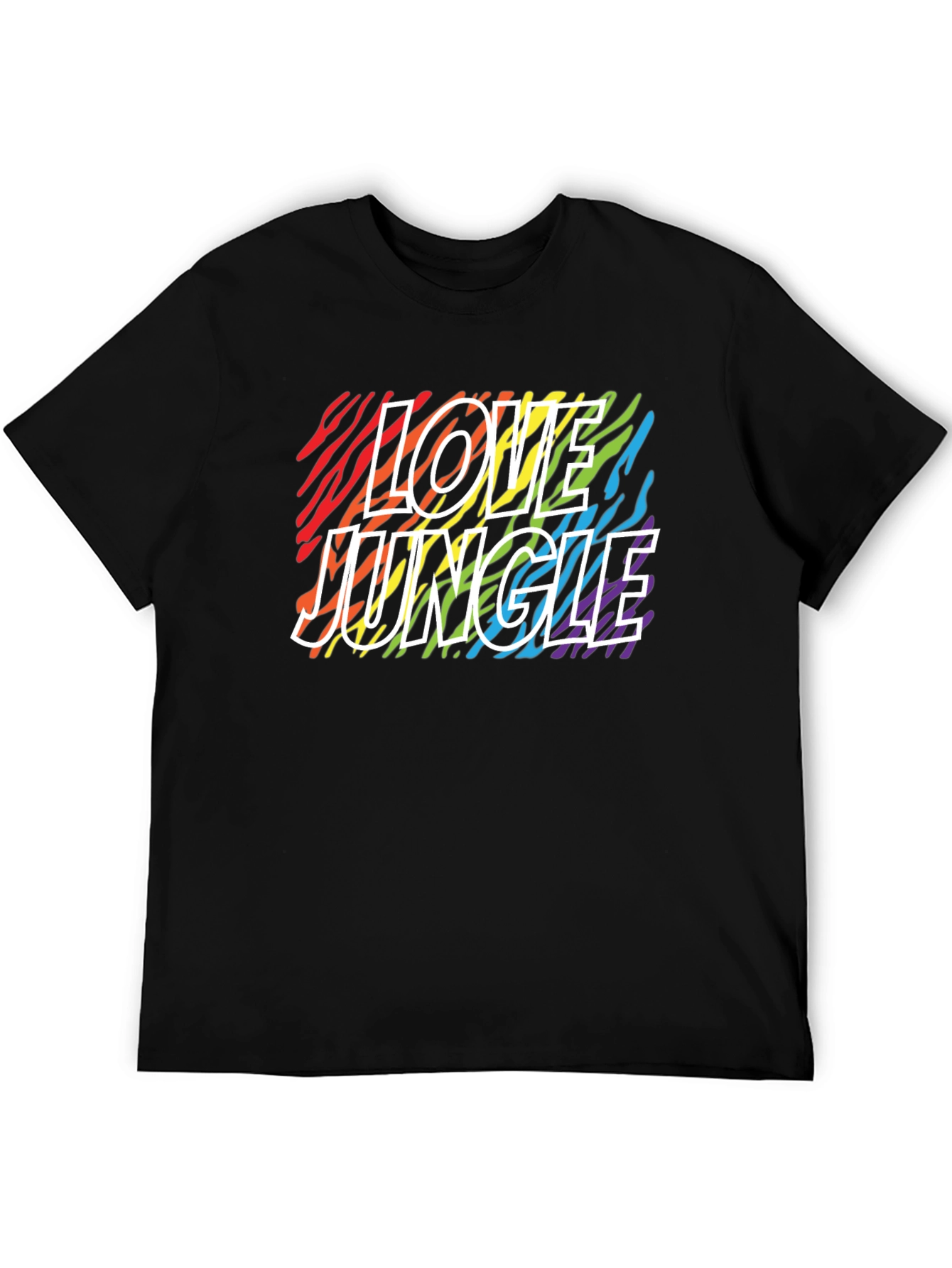 Love Jungle Rainbow Zebra Print Black T-Shirt
