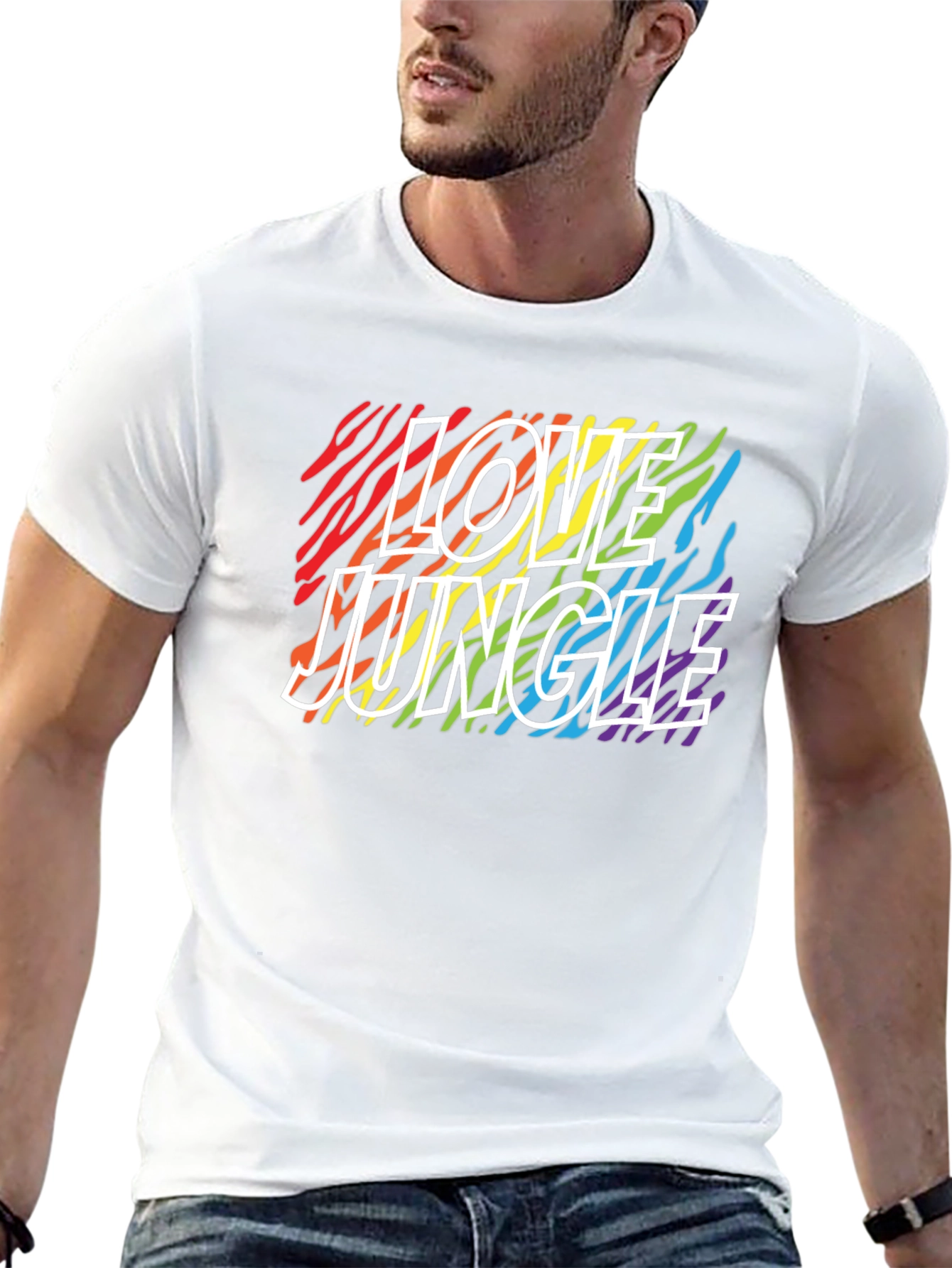 Love Jungle Rainbow Zebra Print Black T-Shirt
