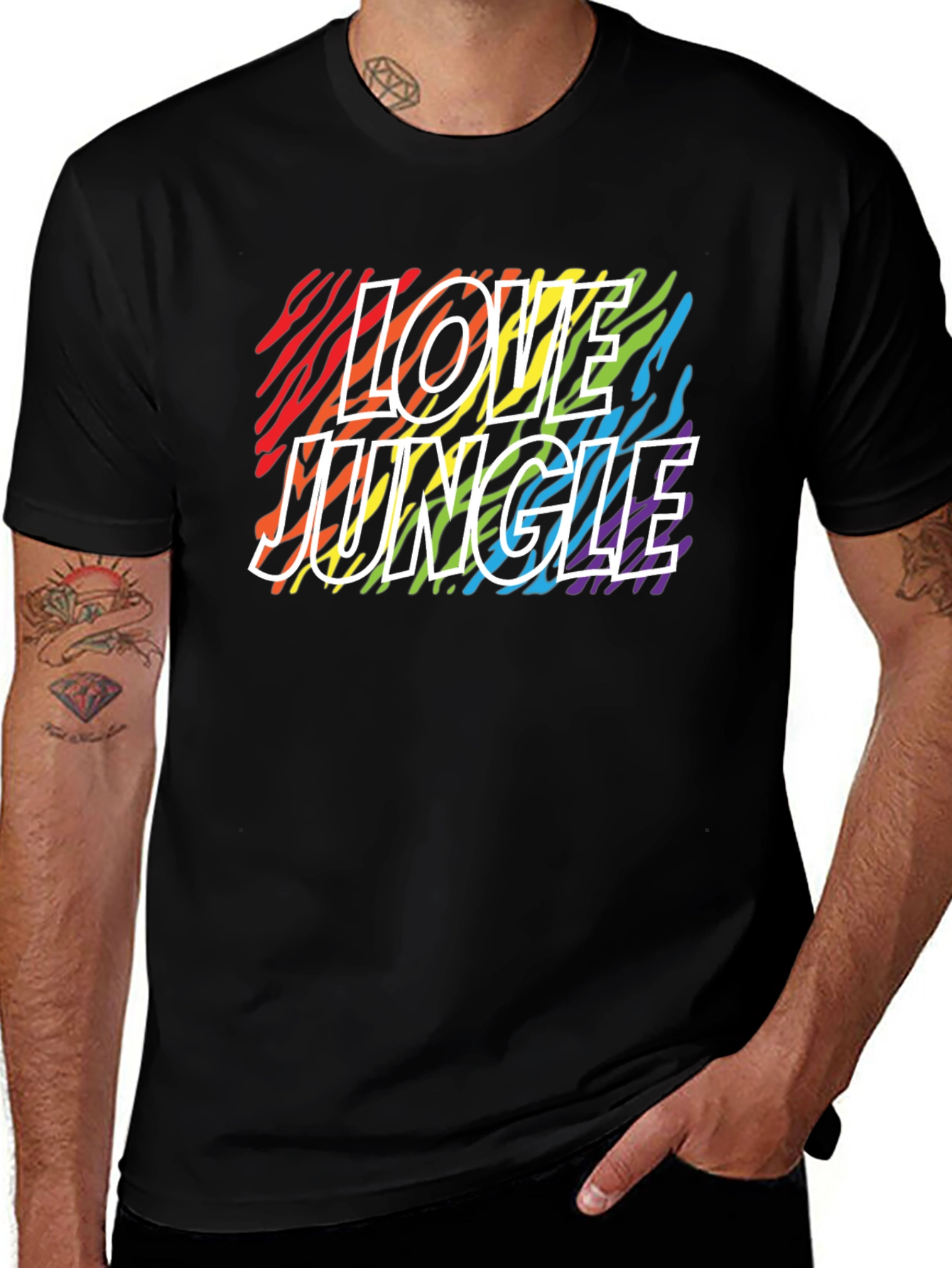 Love Jungle Rainbow Zebra Print Black T-Shirt