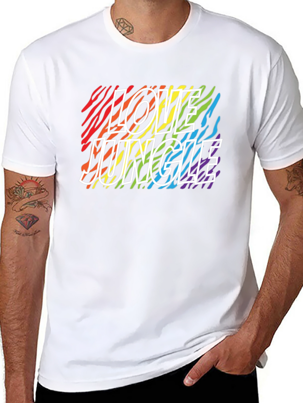 Love Jungle Rainbow Zebra Print Black T-Shirt