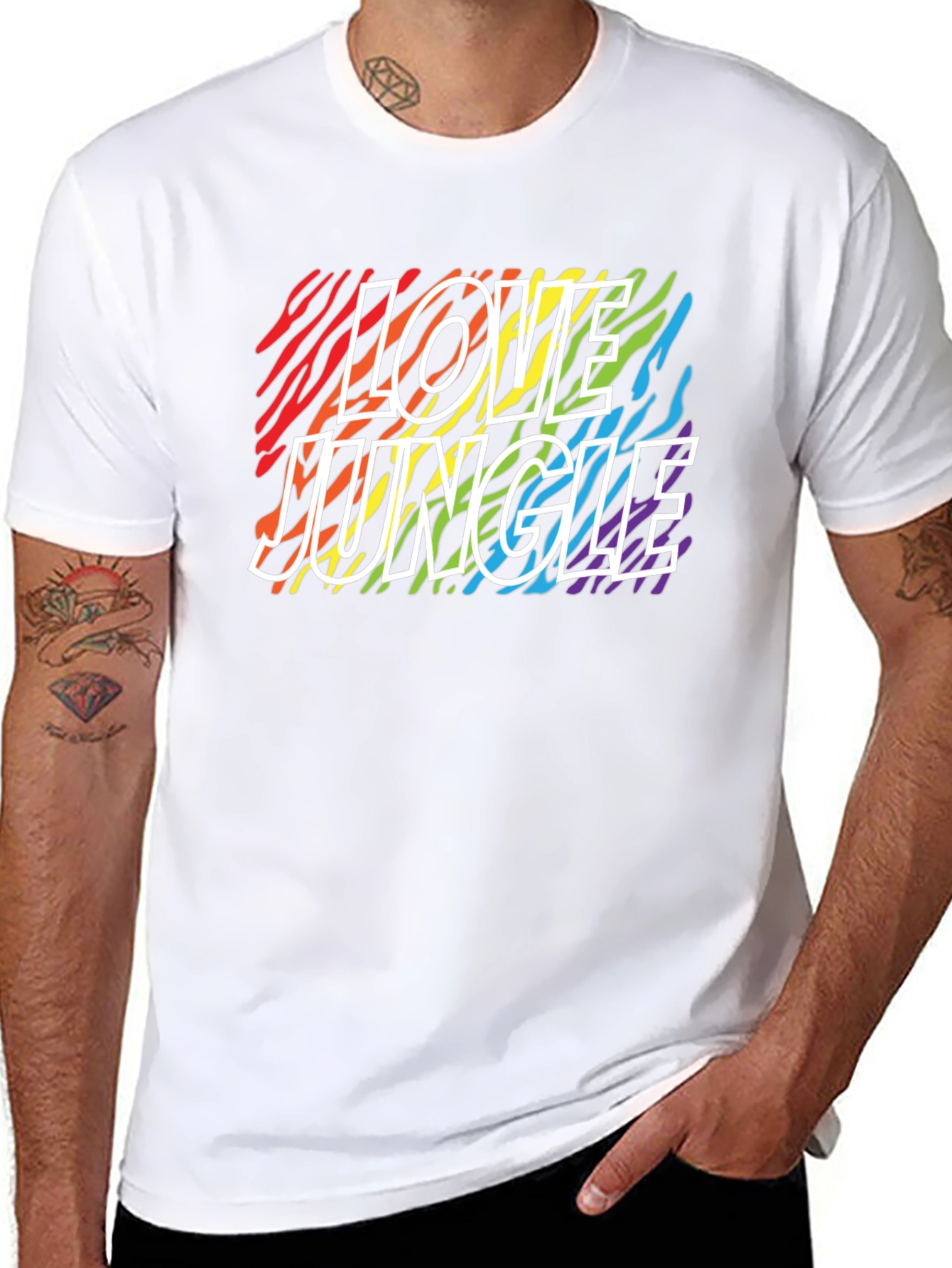 Love Jungle Rainbow Zebra Print Black T-Shirt