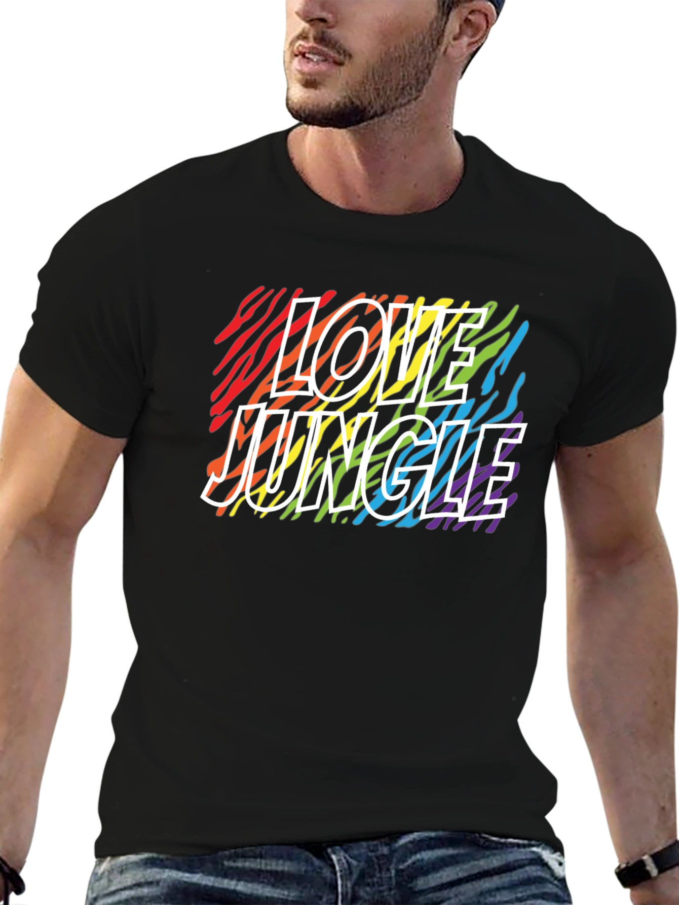 Love Jungle Rainbow Zebra Print Black T-Shirt