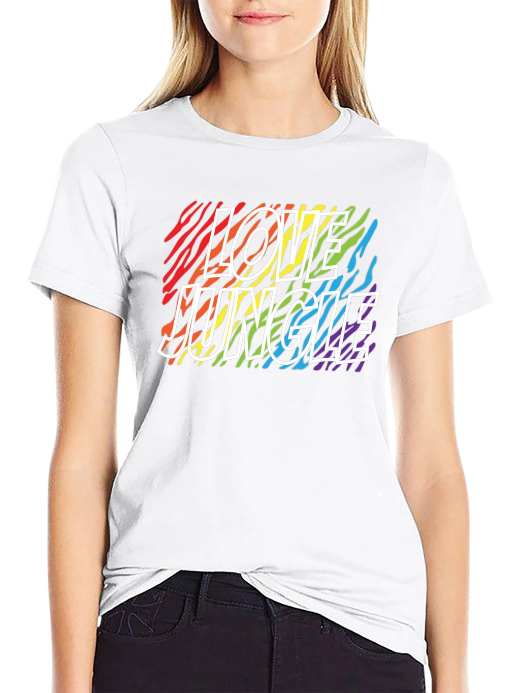 Love Jungle Rainbow Zebra Print Black T-Shirt