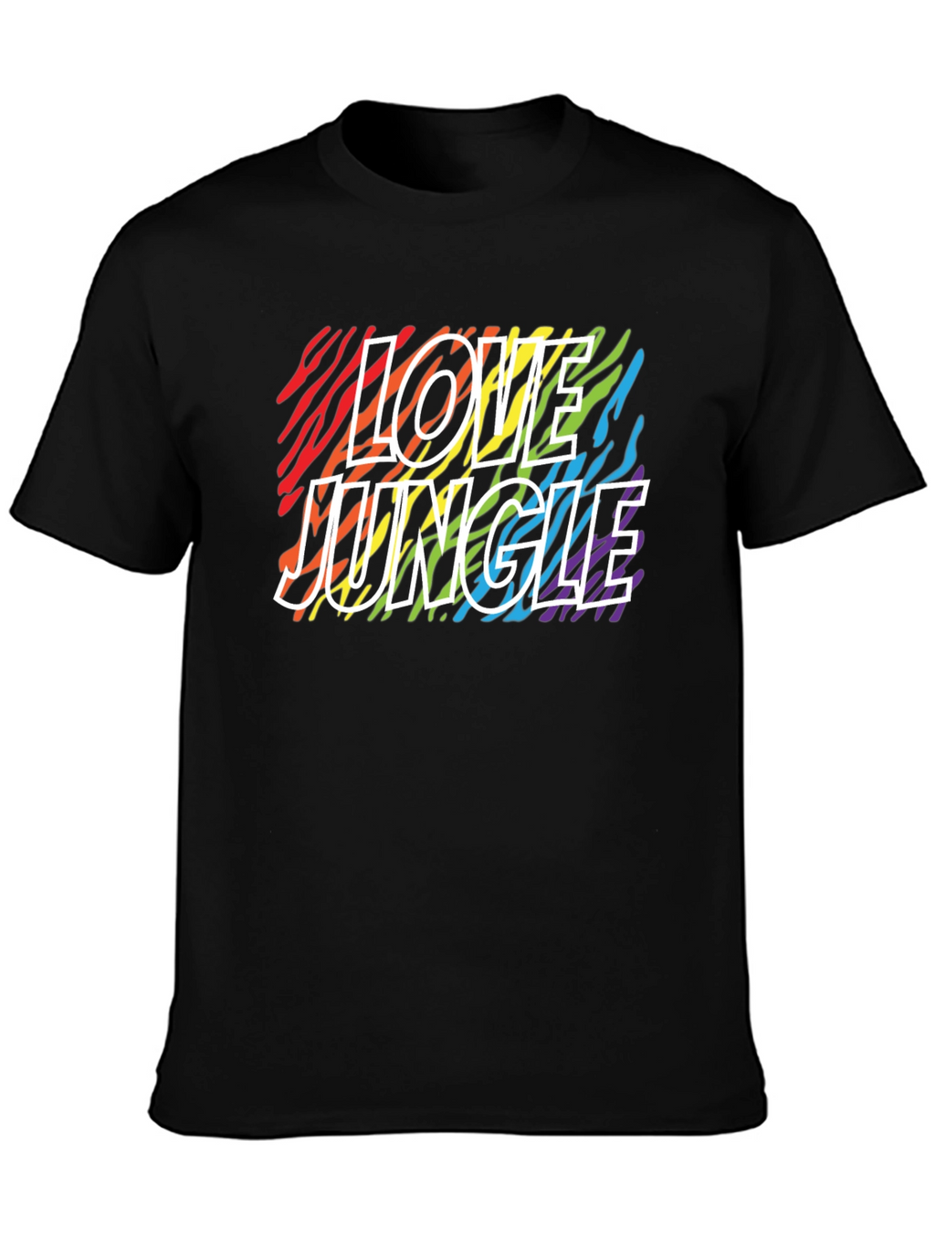 Love Jungle Rainbow Zebra Print Black T-Shirt