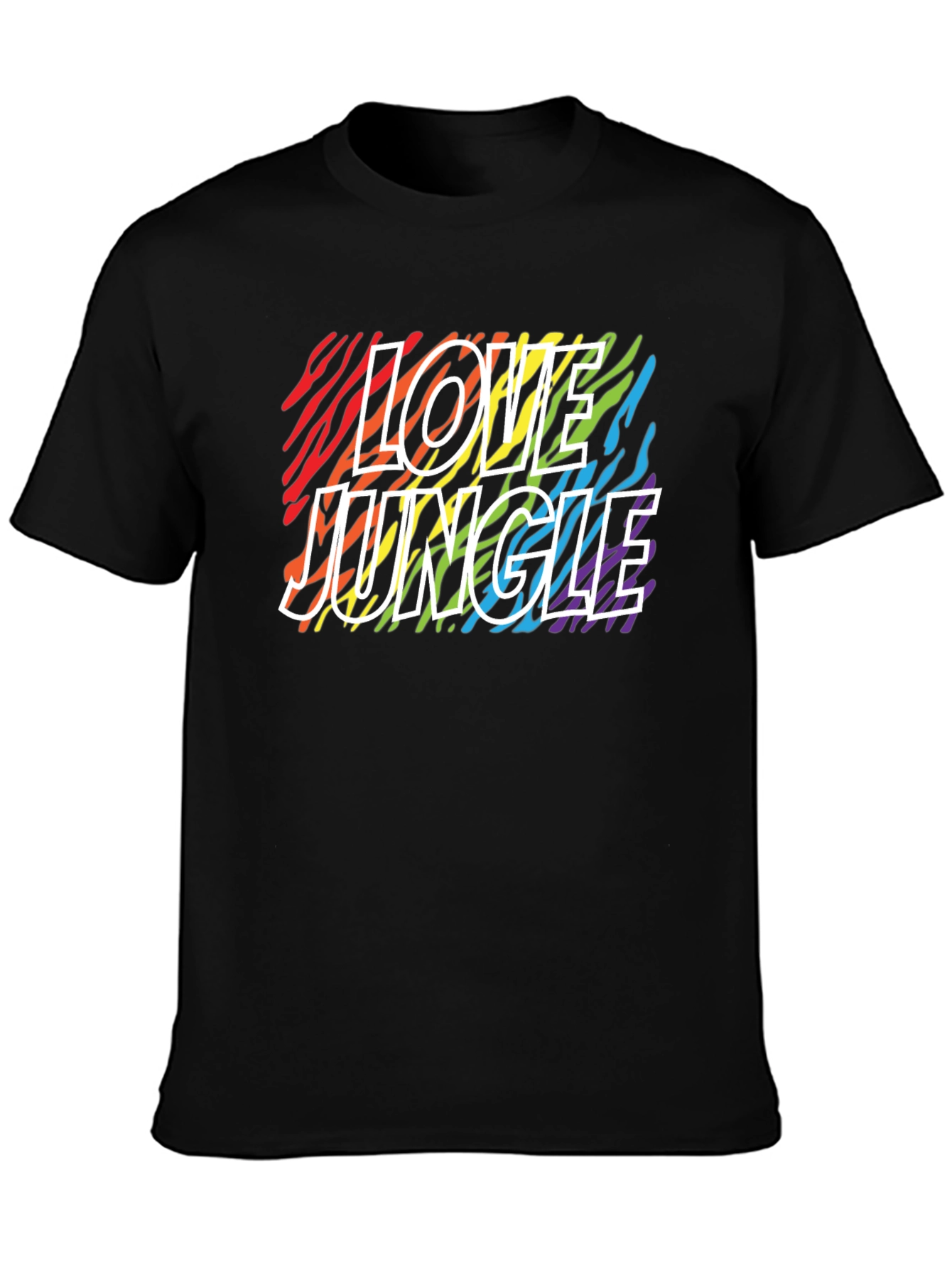 Love Jungle Rainbow Zebra Print Black T-Shirt