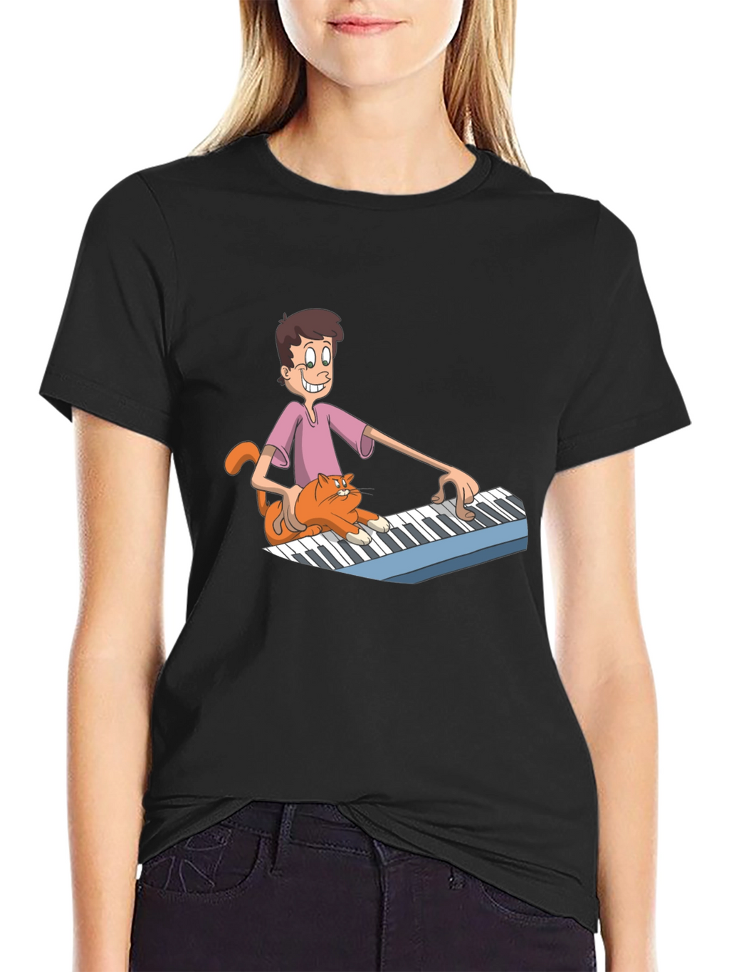 Mans Black Cartoon Musician T-Shirt