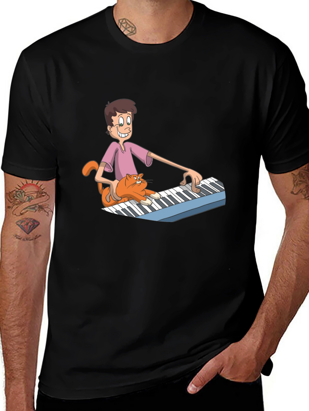 Mans Black Cartoon Musician T-Shirt