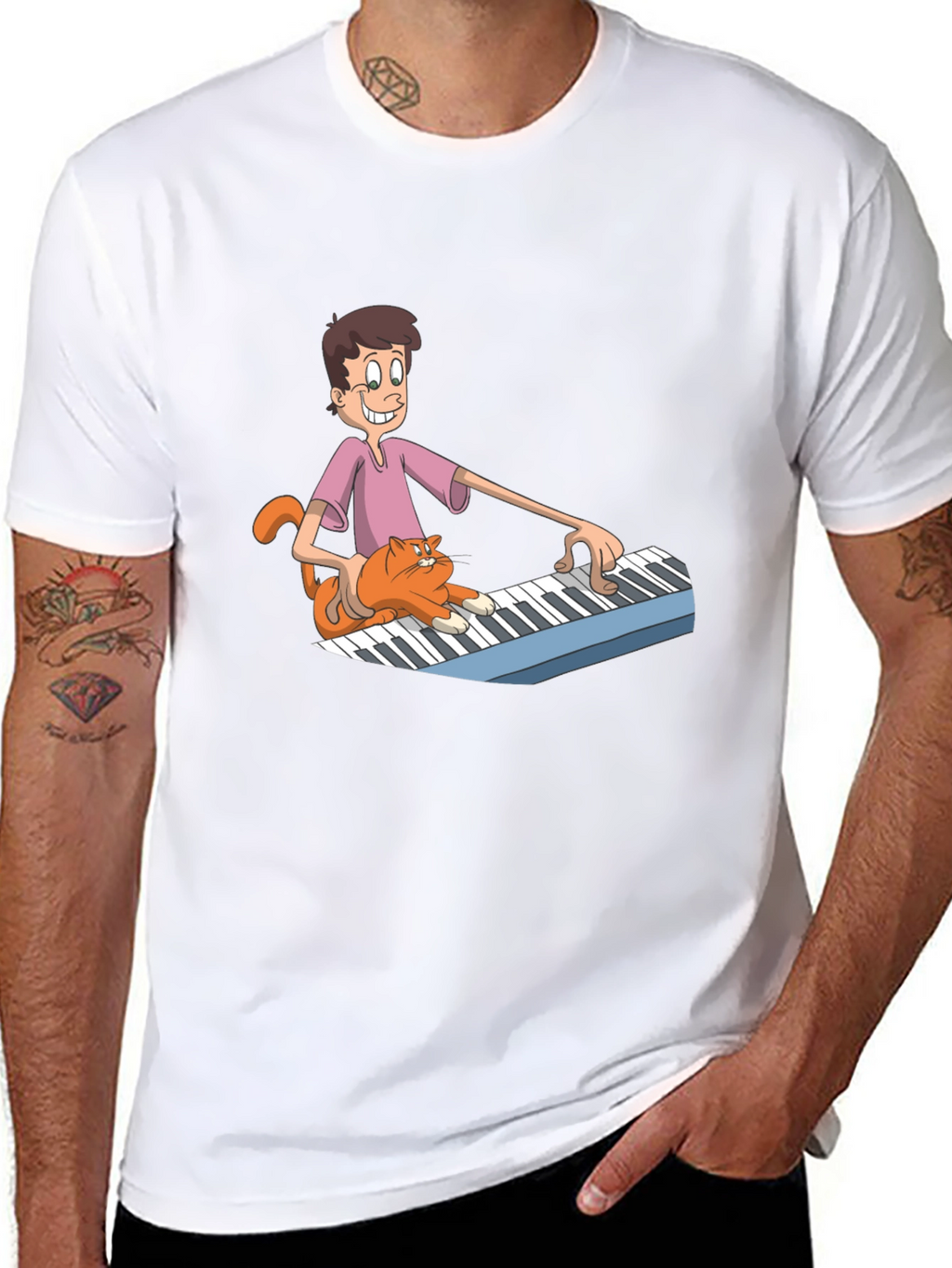 Mans Black Cartoon Musician T-Shirt