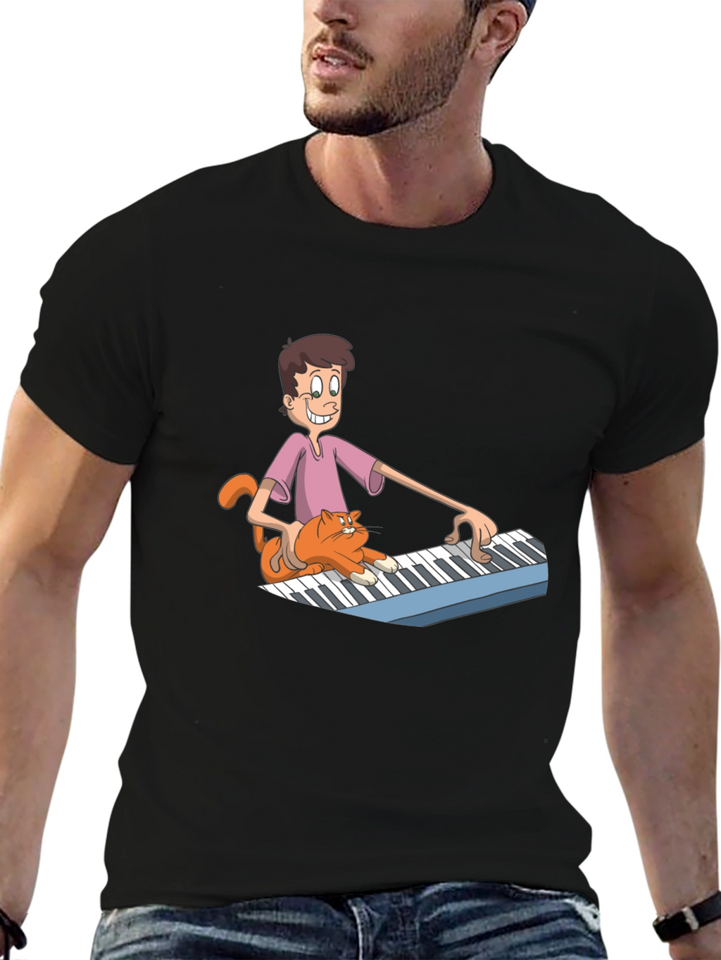 Mans Black Cartoon Musician T-Shirt