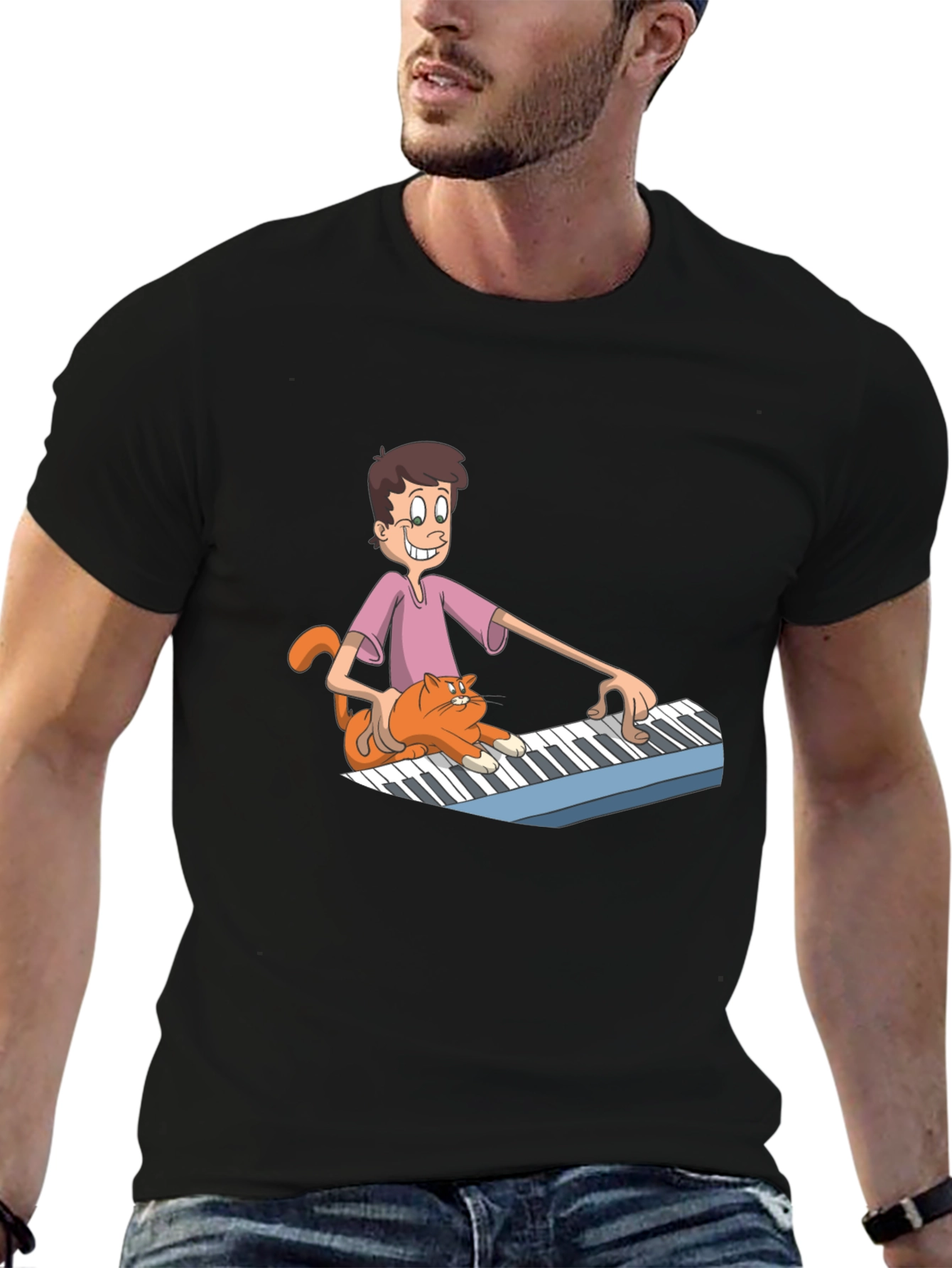 Mans Black Cartoon Musician T-Shirt