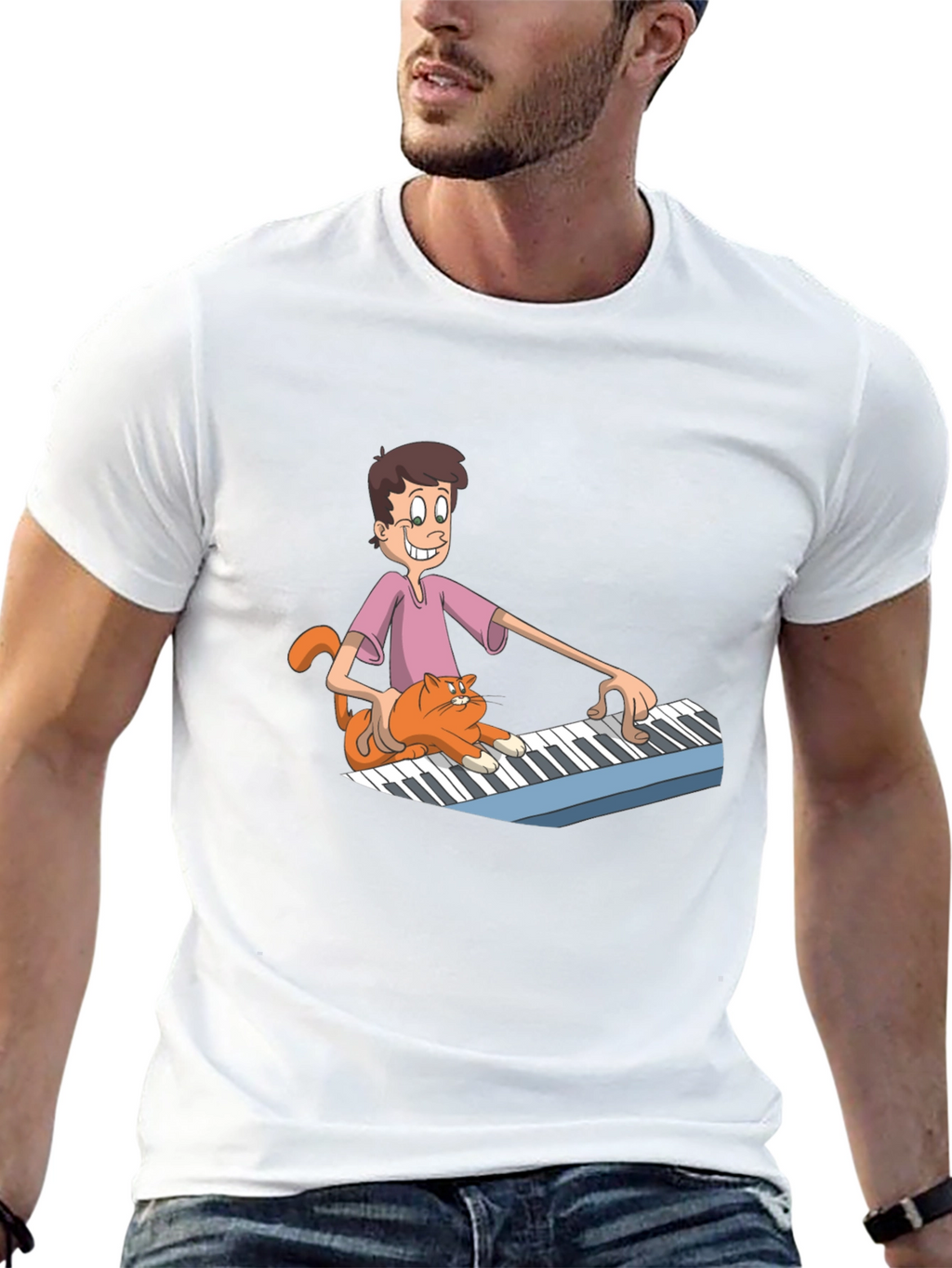 Mans Black Cartoon Musician T-Shirt