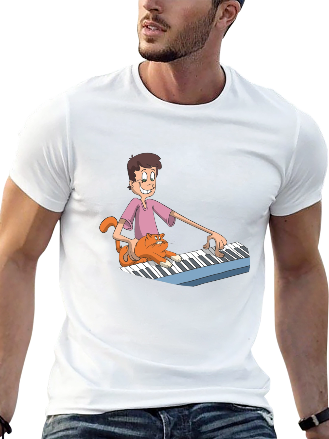 Mans Black Cartoon Musician T-Shirt