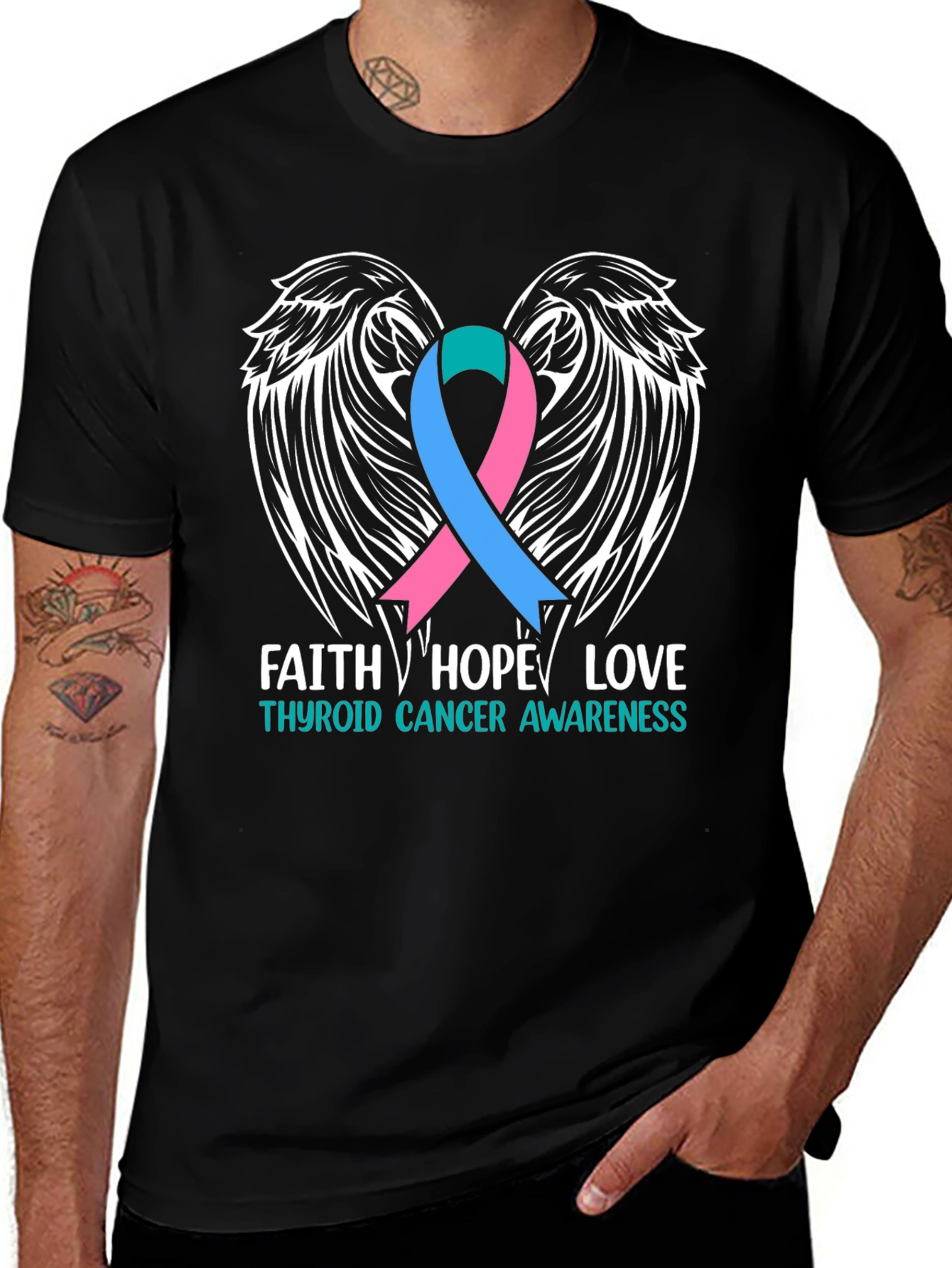Thyroid Cancer Awareness T-Shirt Faith Hope Love Wings