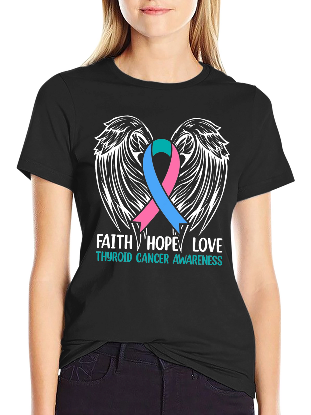 Thyroid Cancer Awareness T-Shirt Faith Hope Love Wings