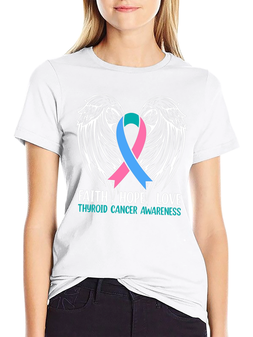 Thyroid Cancer Awareness T-Shirt Faith Hope Love Wings