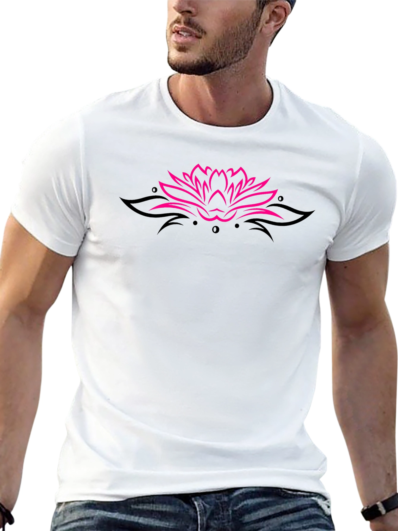 Black Tee with Pink Lotus Flower Design