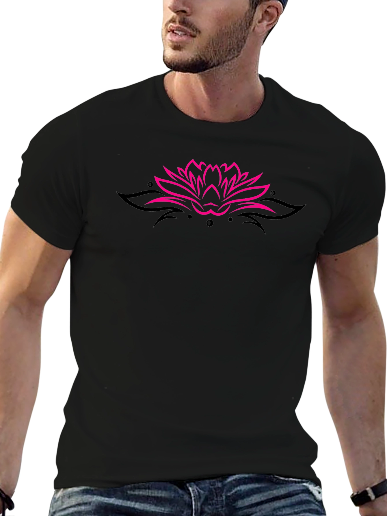 Black Tee with Pink Lotus Flower Design
