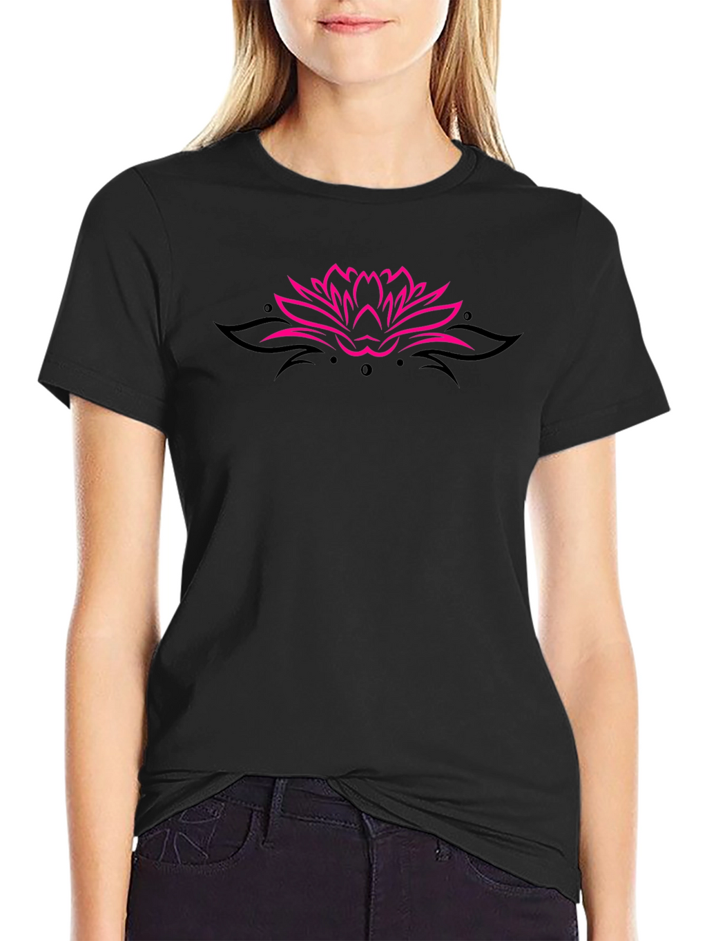 Black Tee with Pink Lotus Flower Design