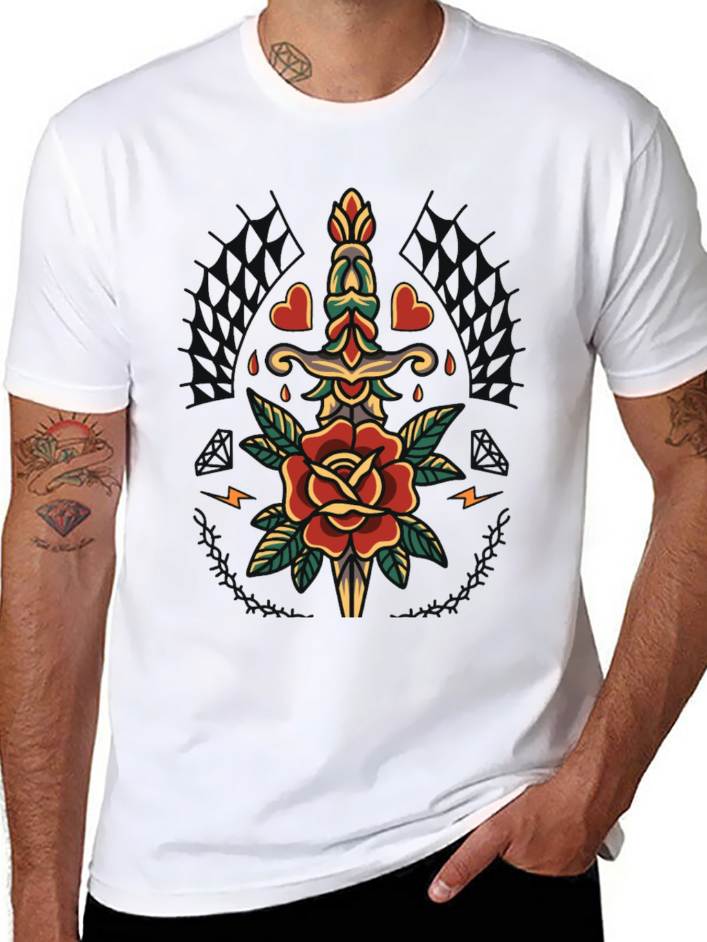 Rose & Dagger Graphic Tee - Classic Tattoo Design