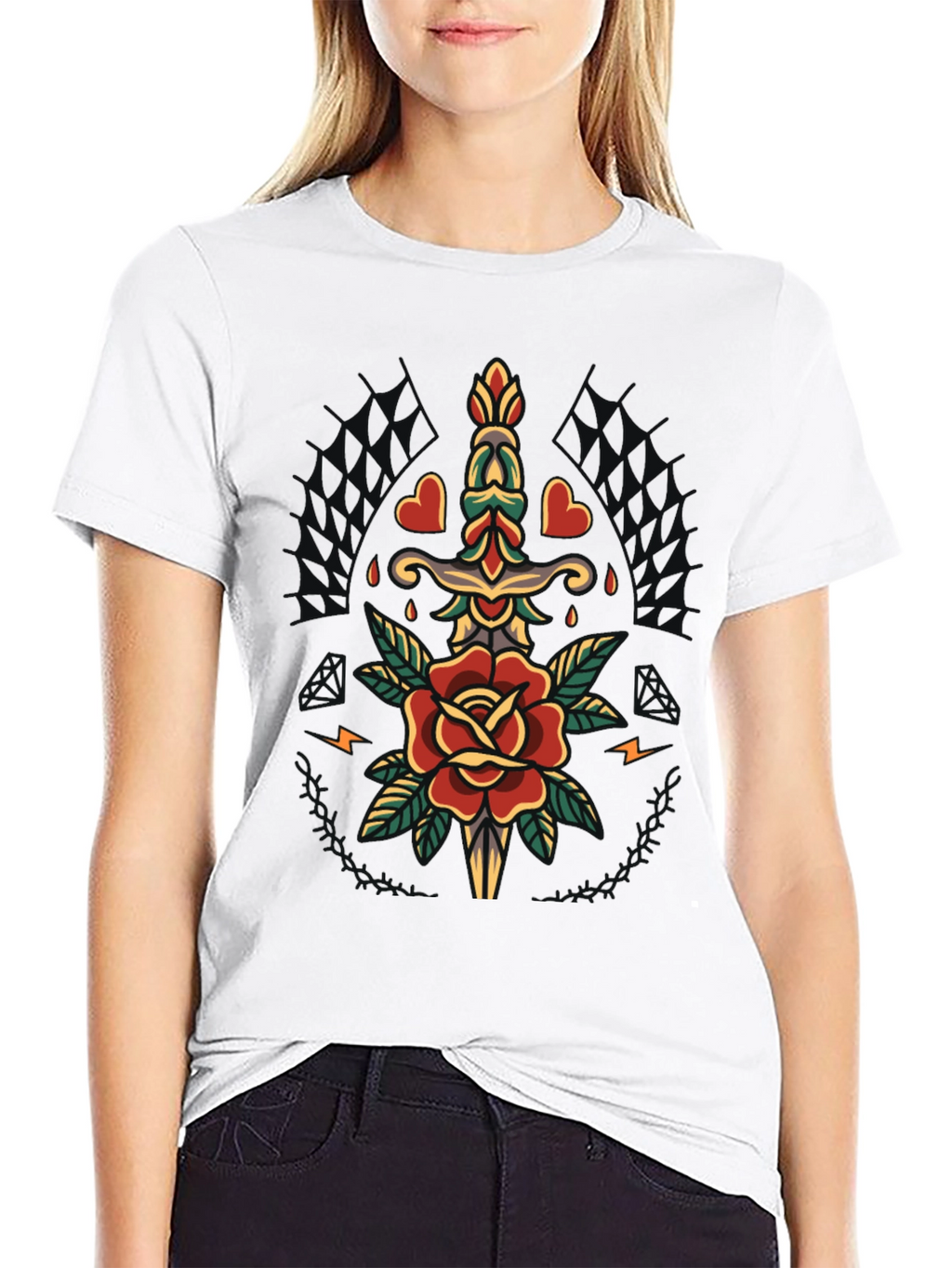 Rose & Dagger Graphic Tee - Classic Tattoo Design