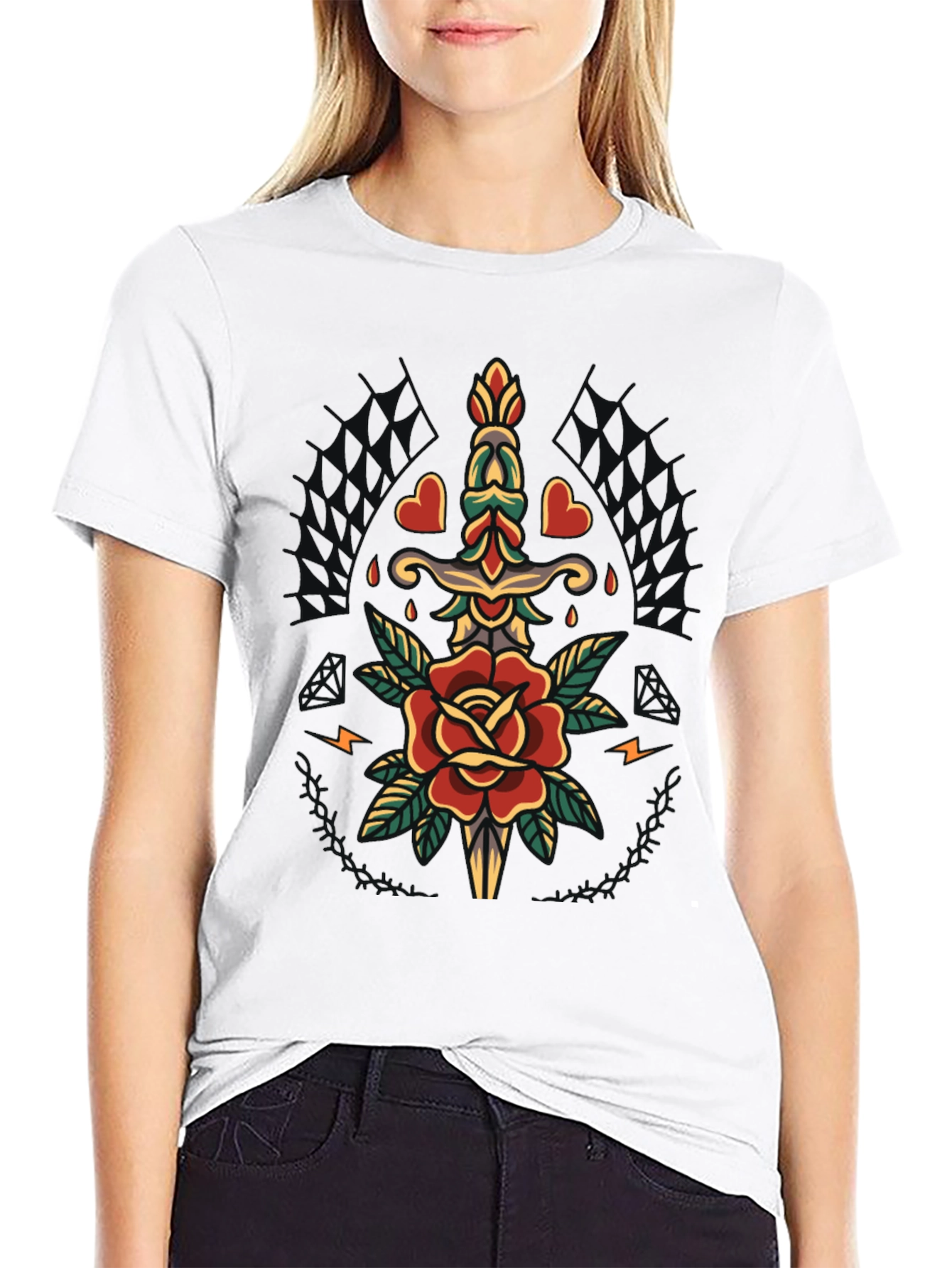 Rose & Dagger Graphic Tee - Classic Tattoo Design