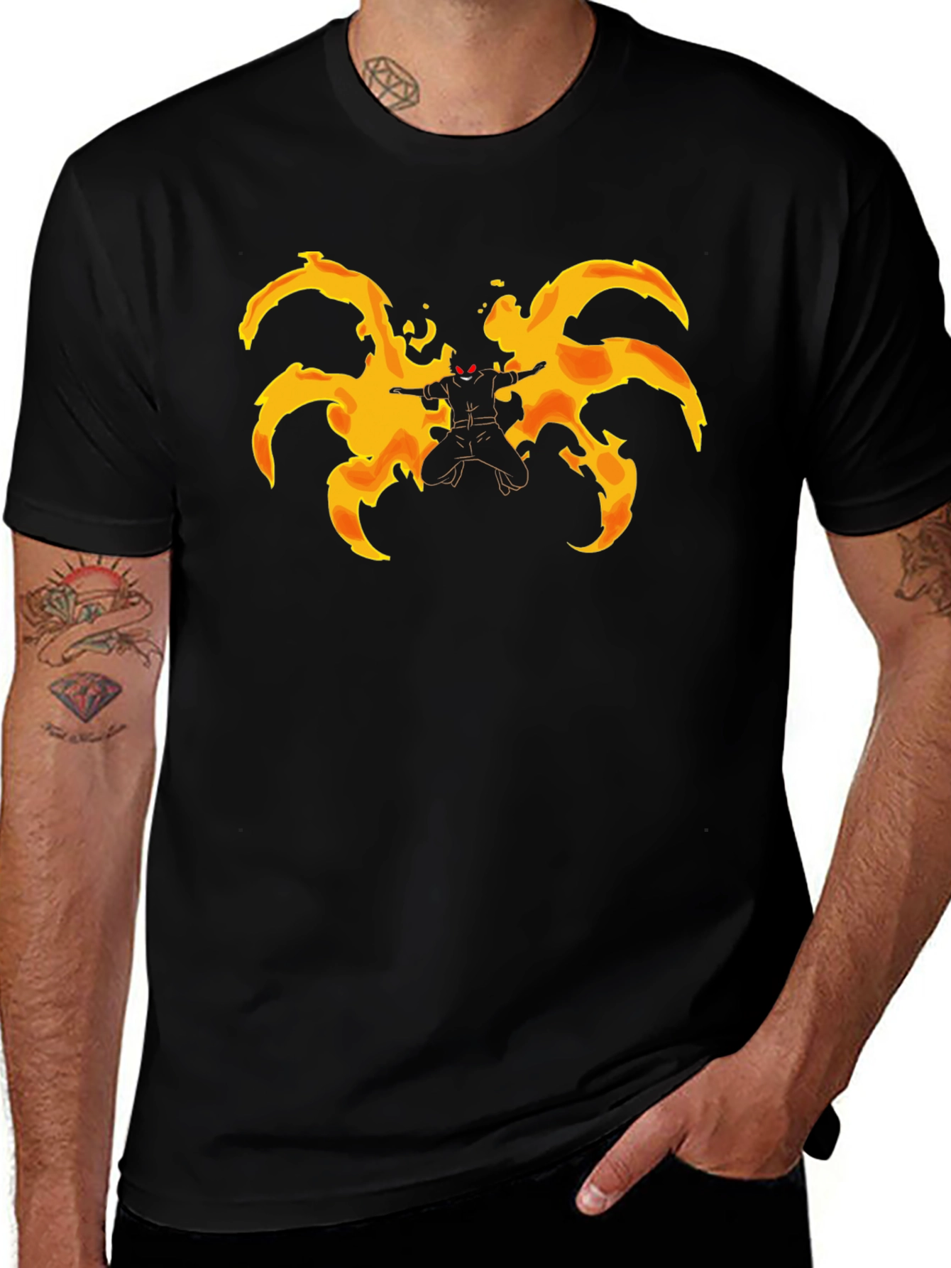Fiery Anime Character Graphic Black T-Shirt