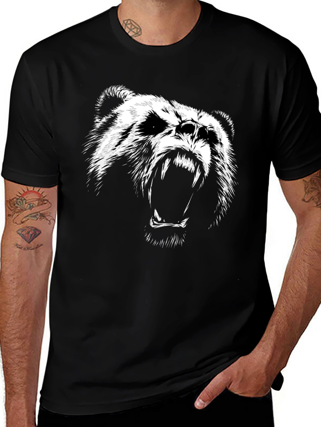 Mens Black T-Shirt with Roaring Bear Graphic