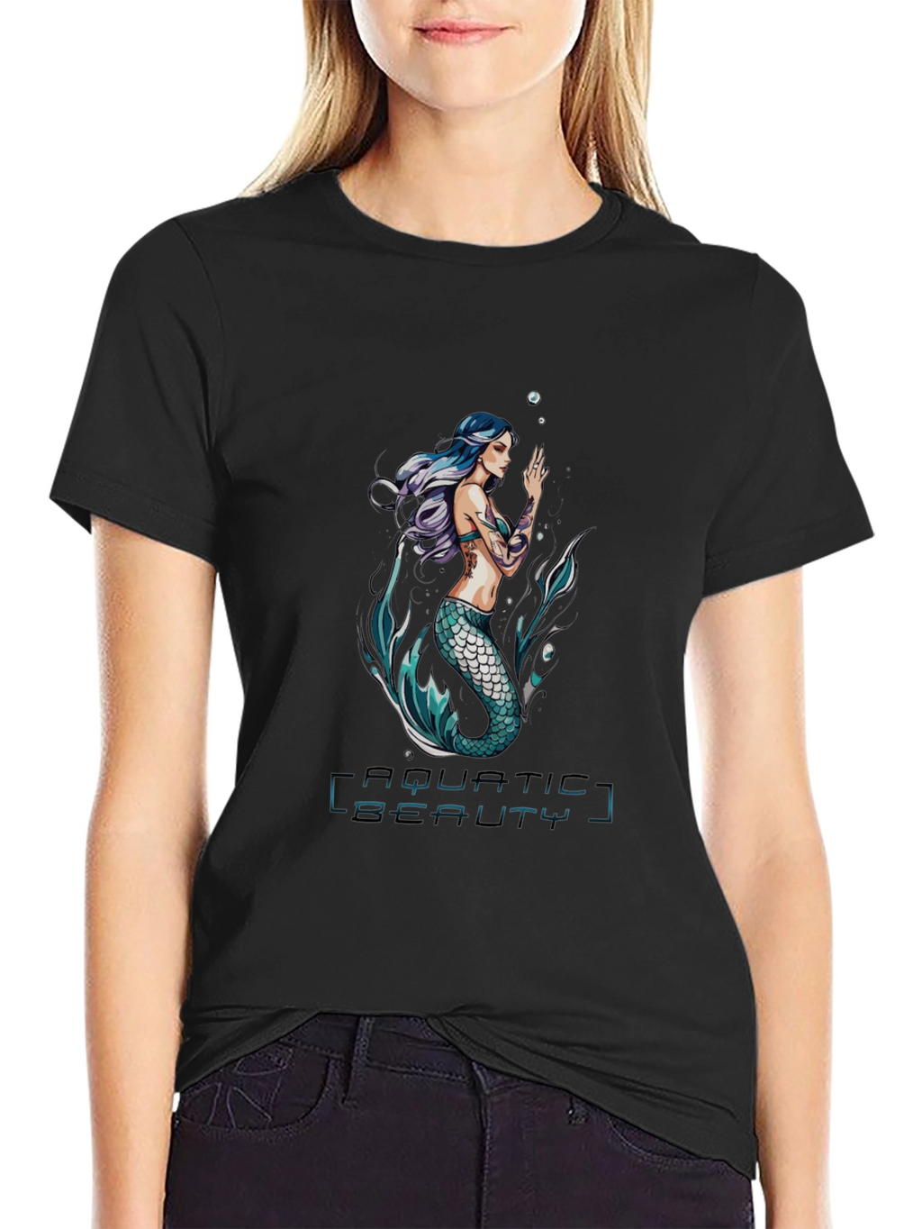 Aquatic Beauty Mermaid Graphic Tee - Black