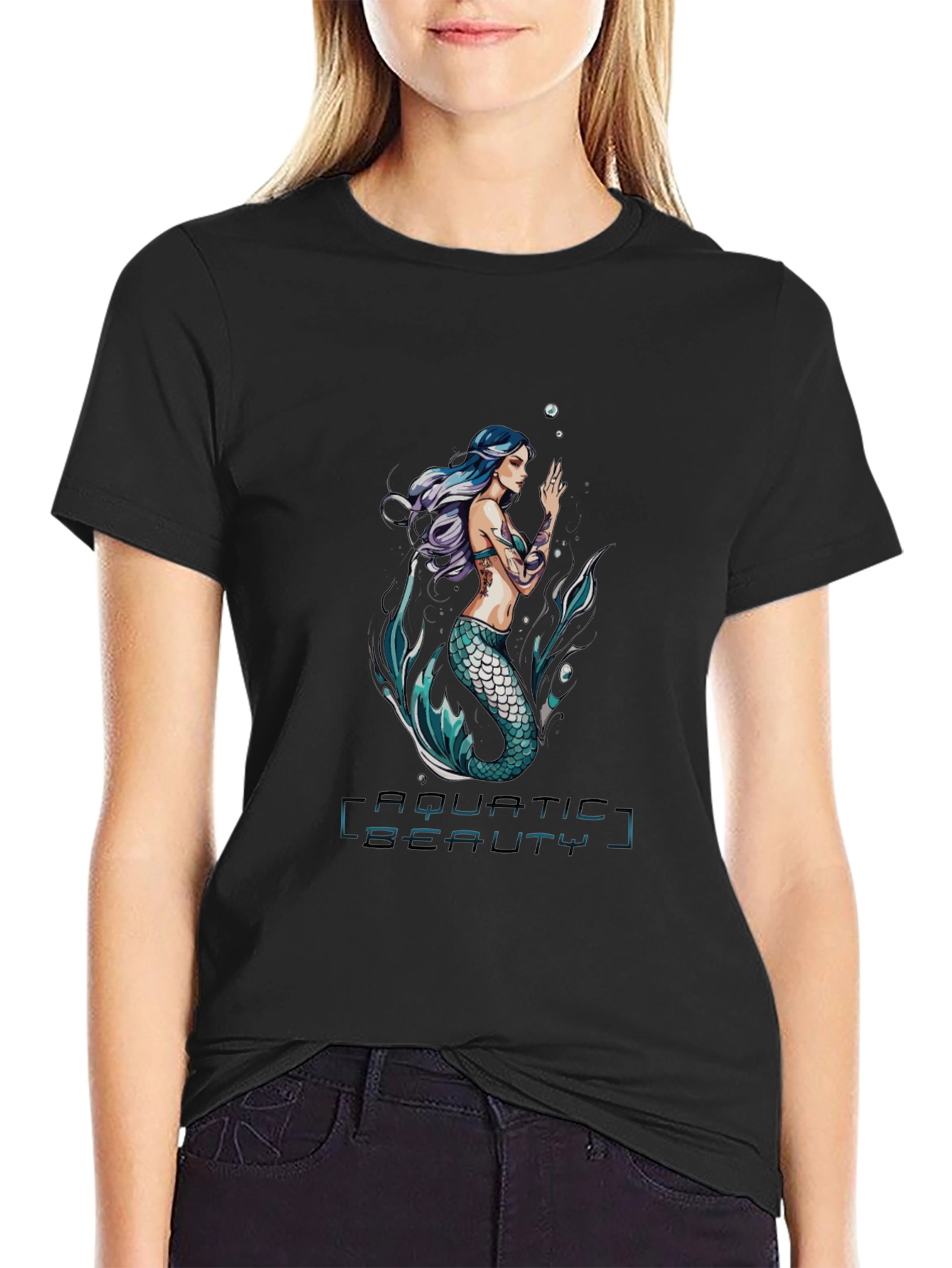 Aquatic Beauty Mermaid Graphic Tee - Black