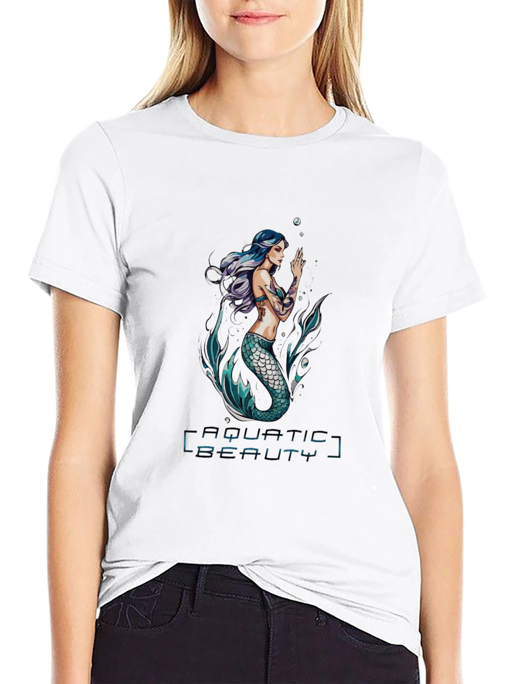 Aquatic Beauty Mermaid Graphic Tee - Black