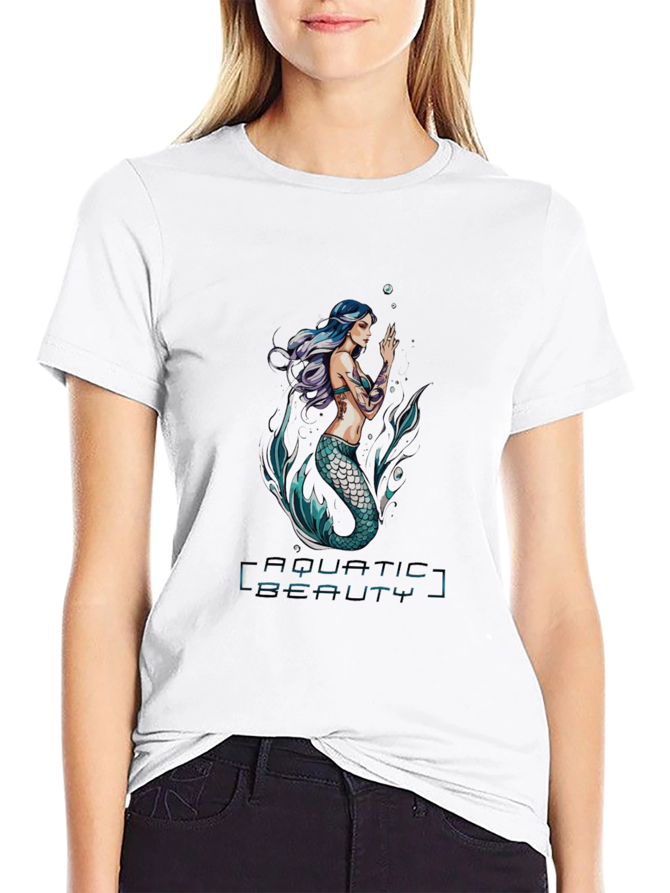 Aquatic Beauty Mermaid Graphic Tee - Black