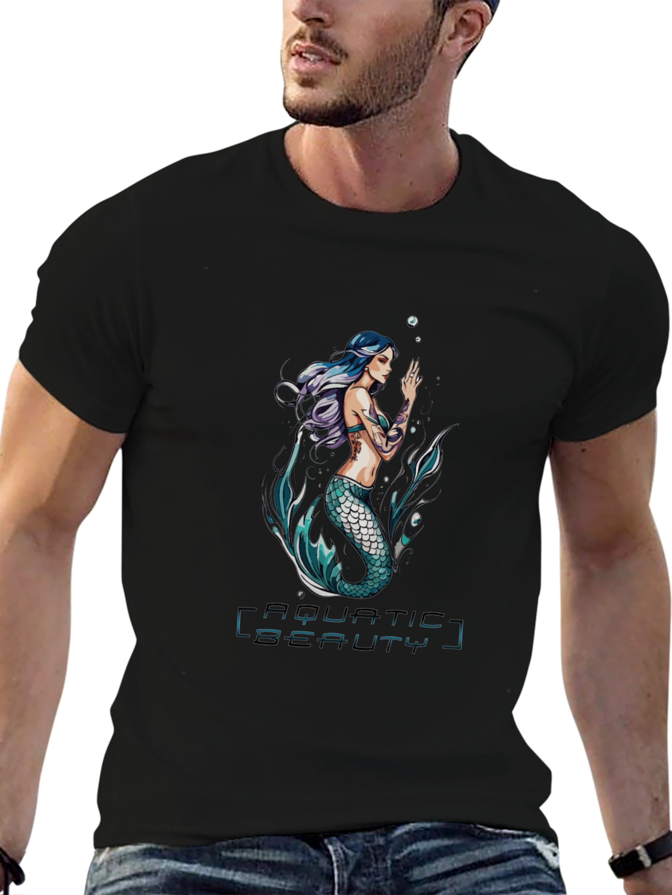 Aquatic Beauty Mermaid Graphic Tee - Black