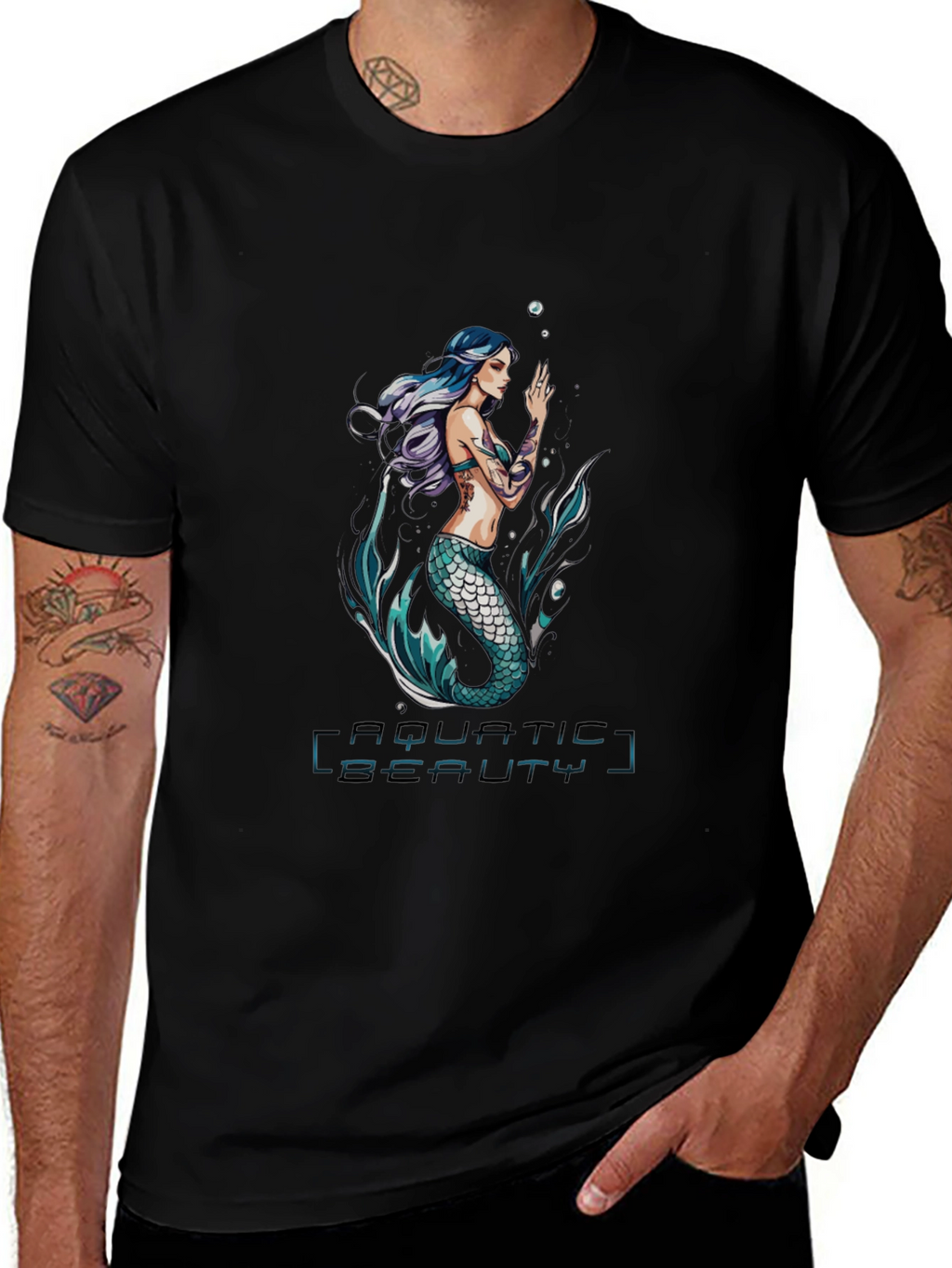 Aquatic Beauty Mermaid Graphic Tee - Black