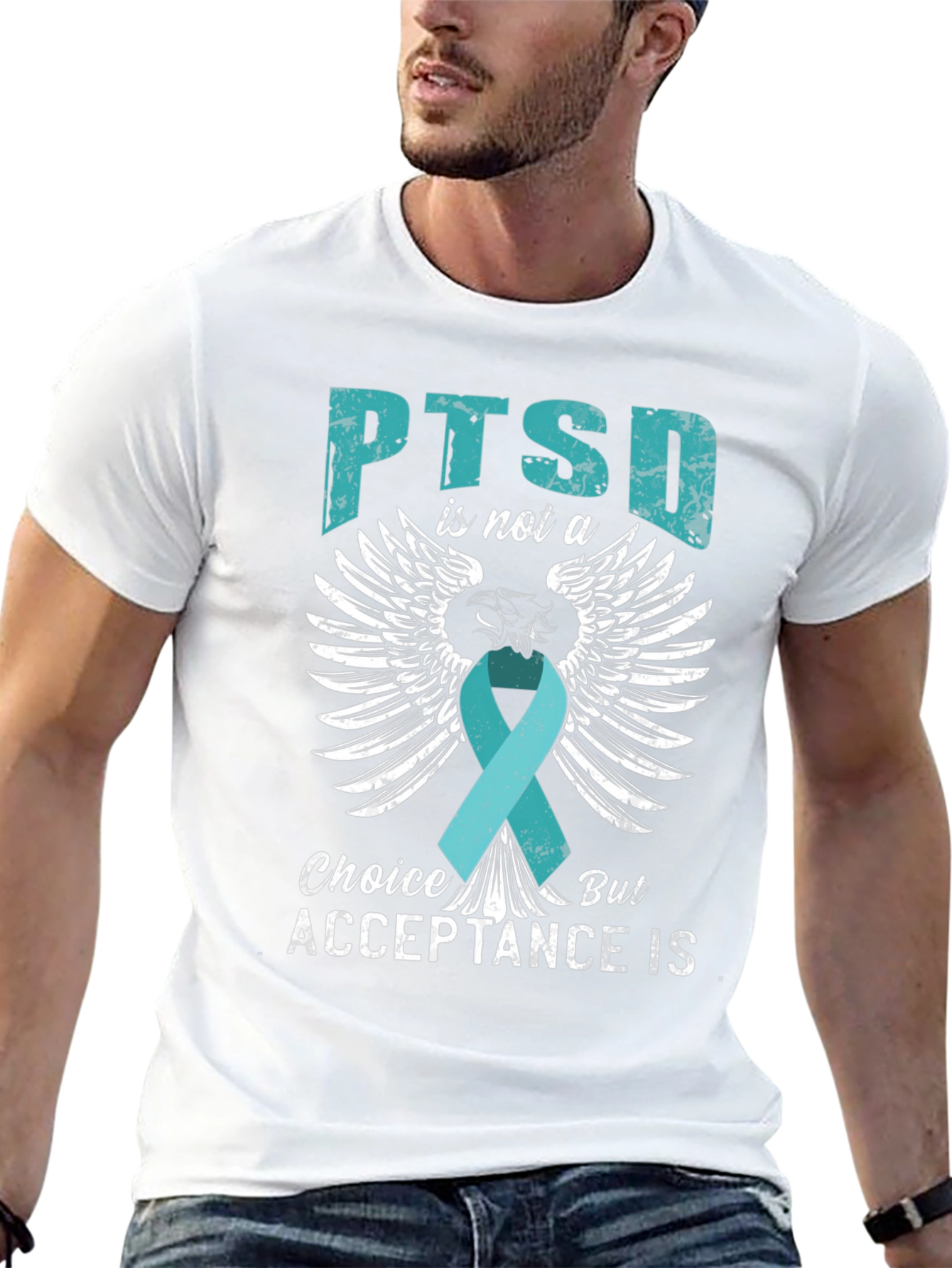 PTSD Acceptance T-Shirt - Teal Ribbon Wings Design