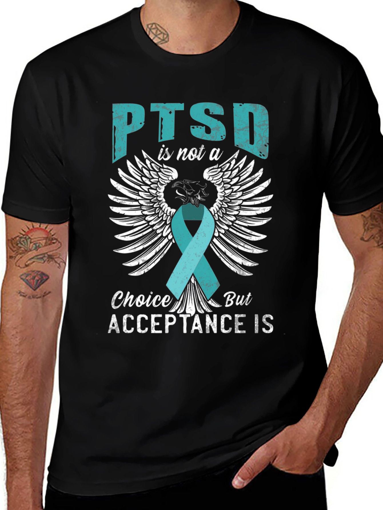 PTSD Acceptance T-Shirt - Teal Ribbon Wings Design