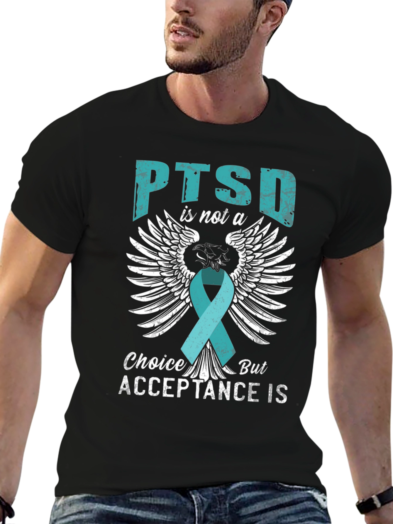 PTSD Acceptance T-Shirt - Teal Ribbon Wings Design