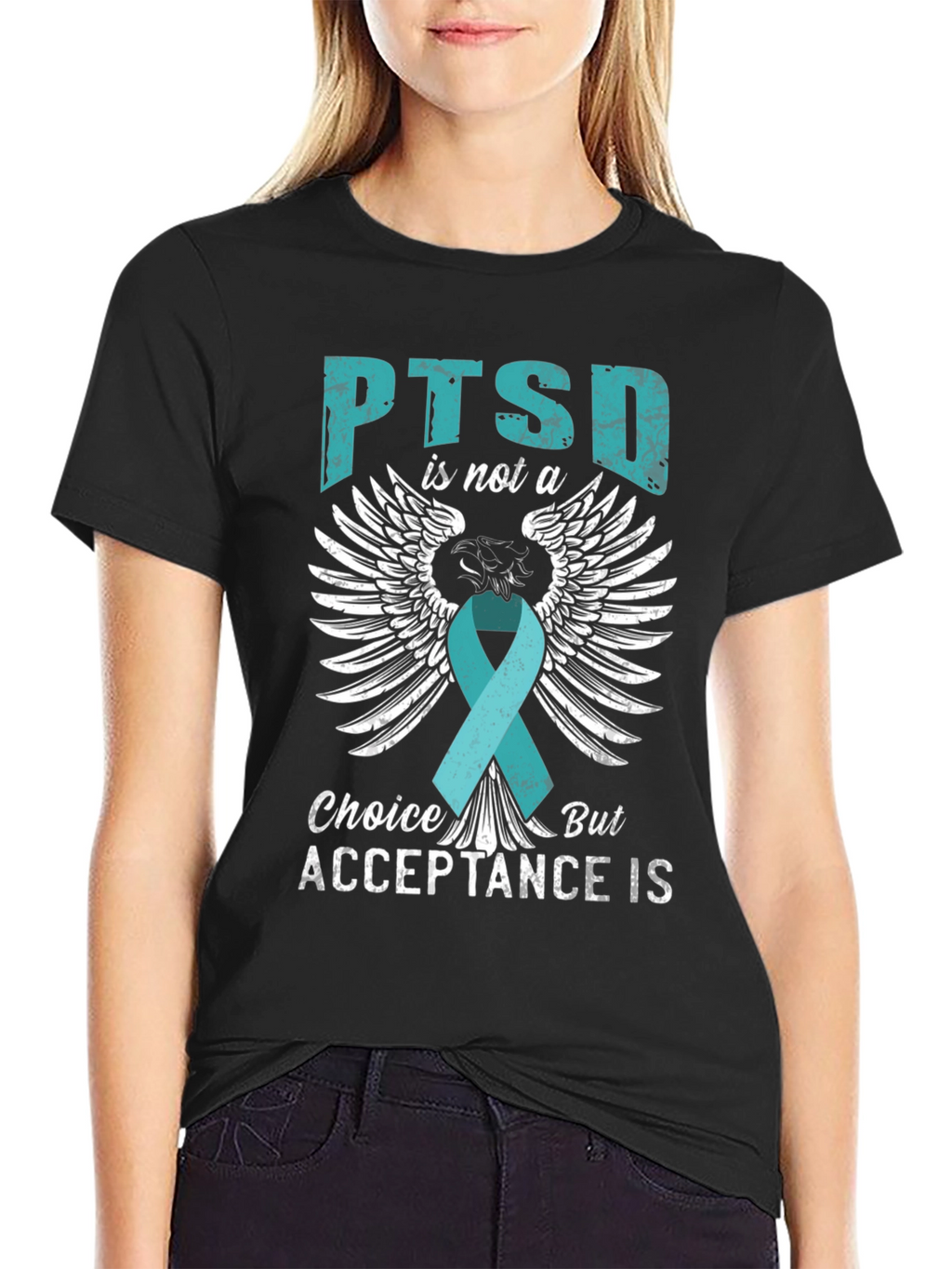 PTSD Acceptance T-Shirt - Teal Ribbon Wings Design