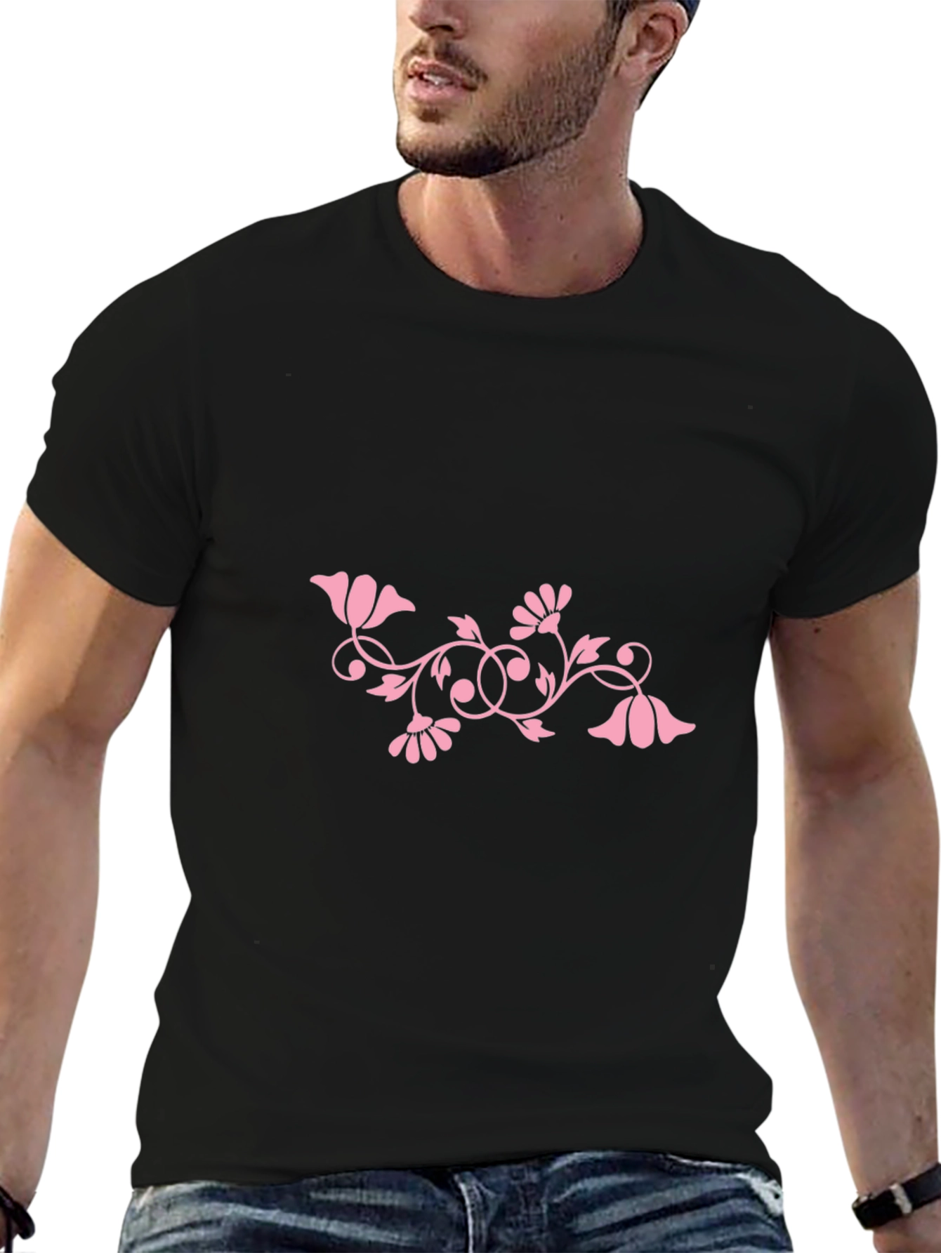 Black Tee with Pink Floral Design