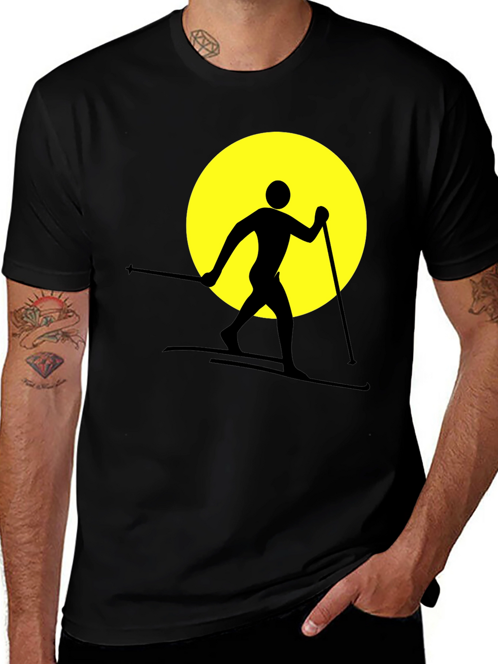 Skiing Silhouette Graphic Tee - Black Cotton Blend