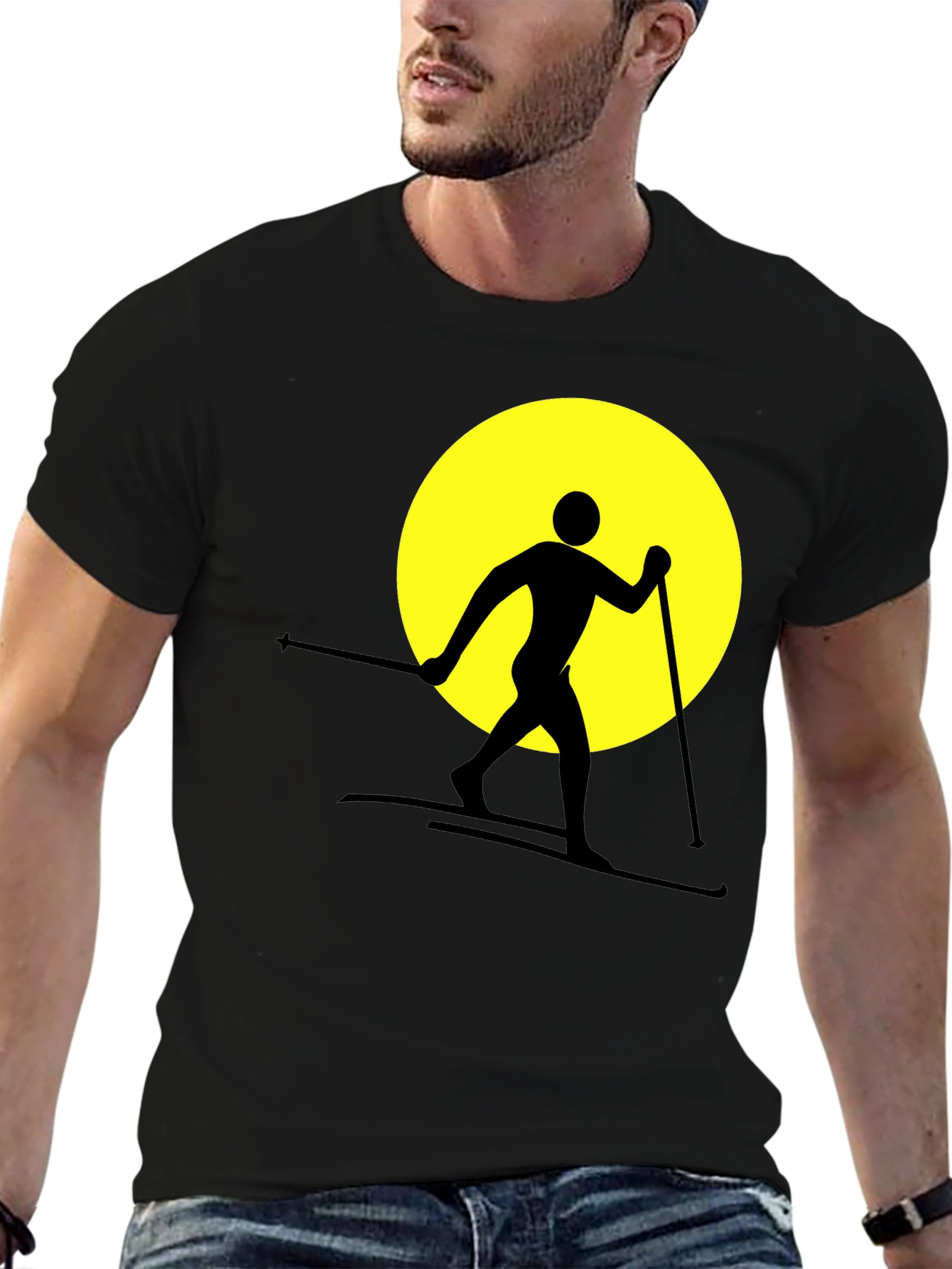 Skiing Silhouette Graphic Tee - Black Cotton Blend