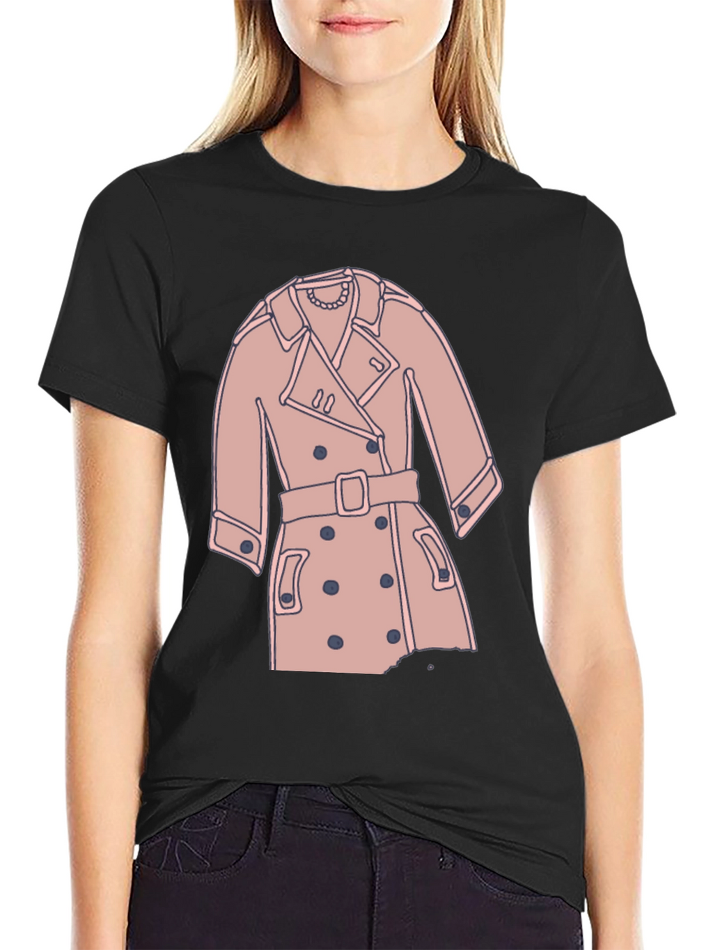 Stylish Trench Coat Graphic Tee - Casual Black T-Shirt