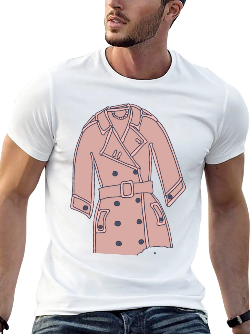 Stylish Trench Coat Graphic Tee - Casual Black T-Shirt