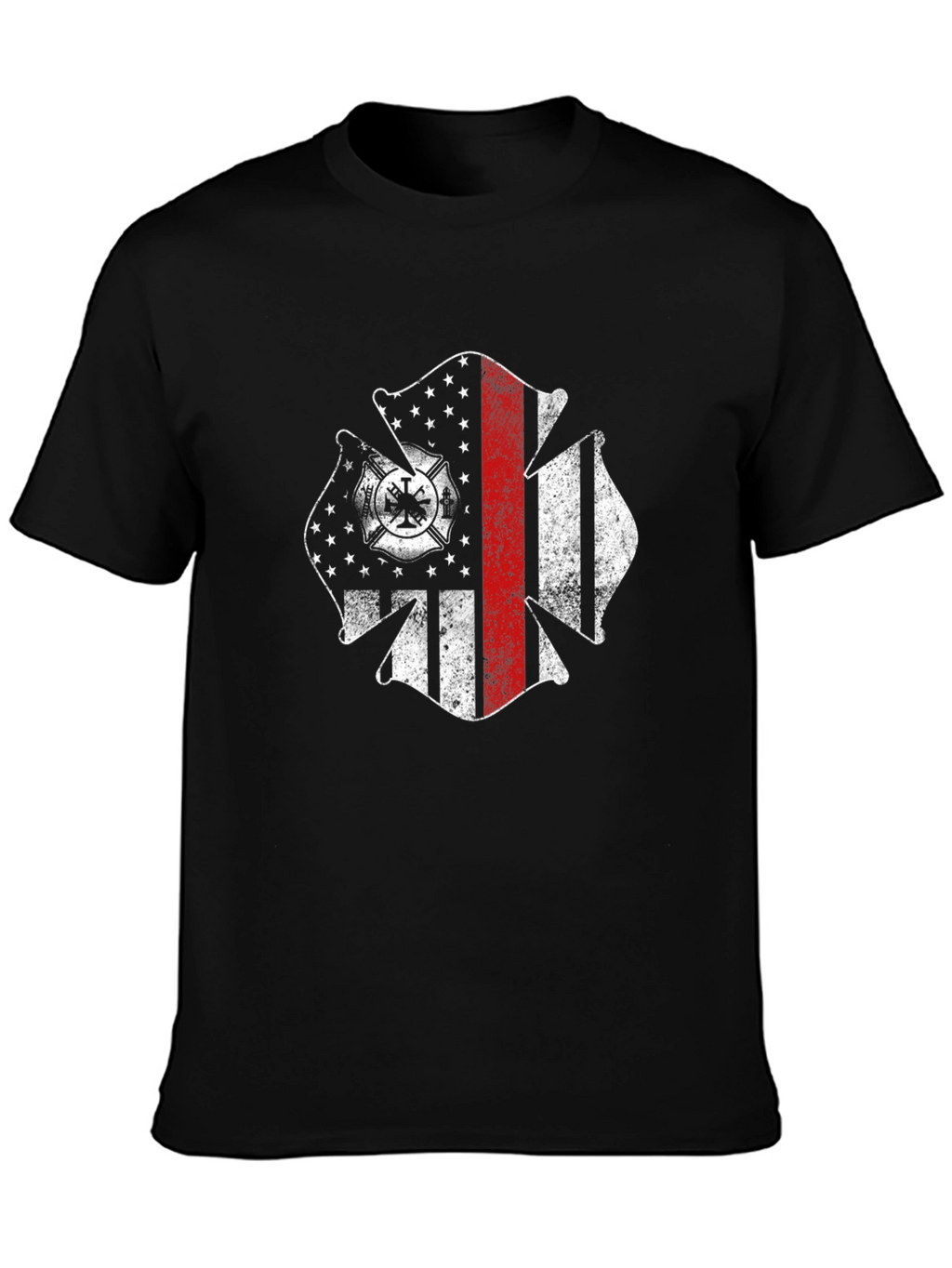 Firefighter Maltese Cross USA Flag Black T-Shirt