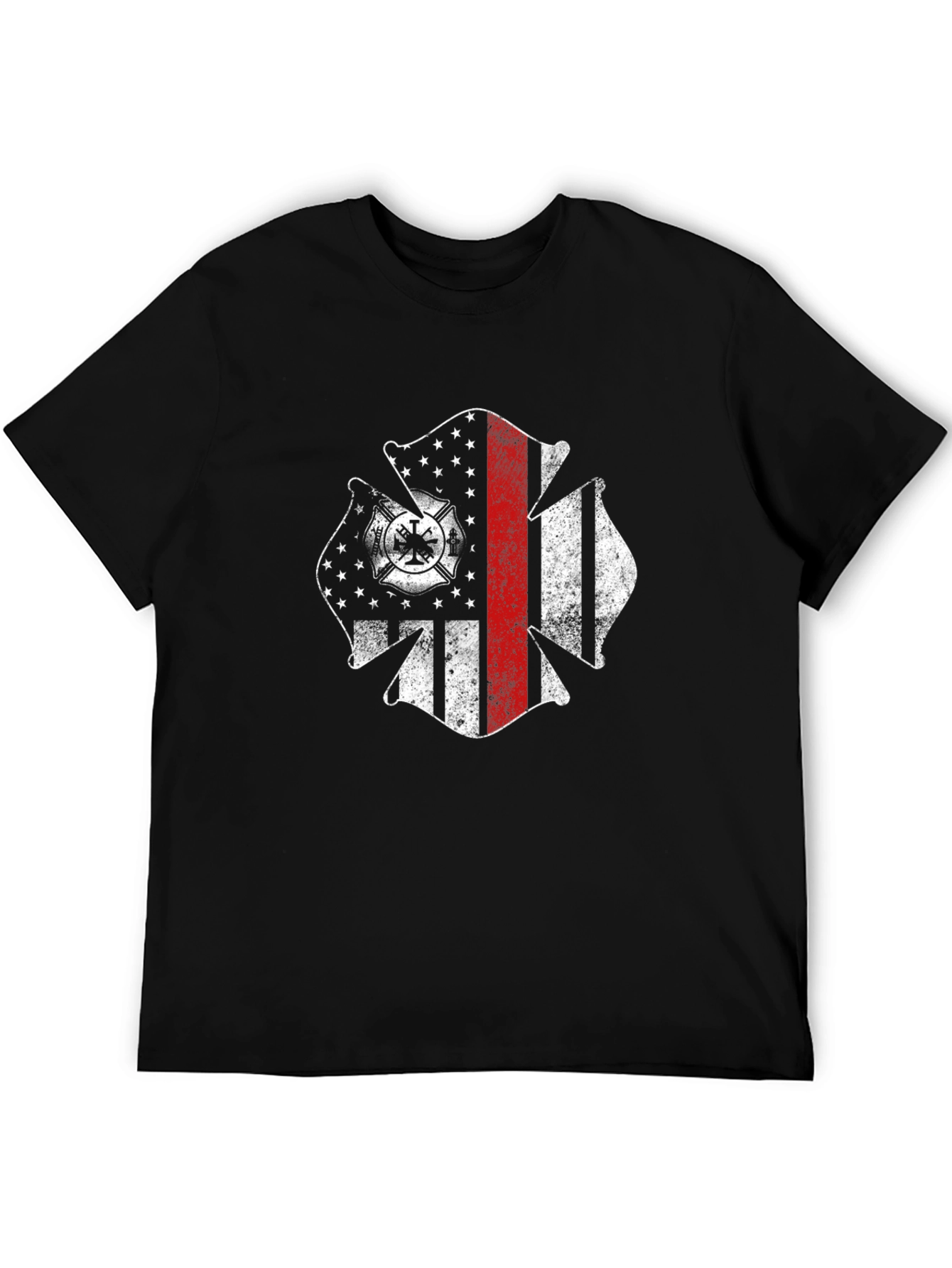 Firefighter Maltese Cross USA Flag Black T-Shirt