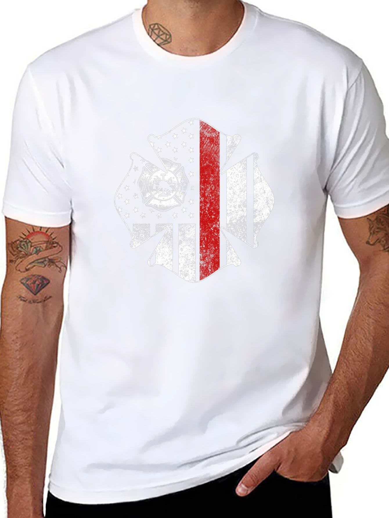 Firefighter Maltese Cross USA Flag Black T-Shirt