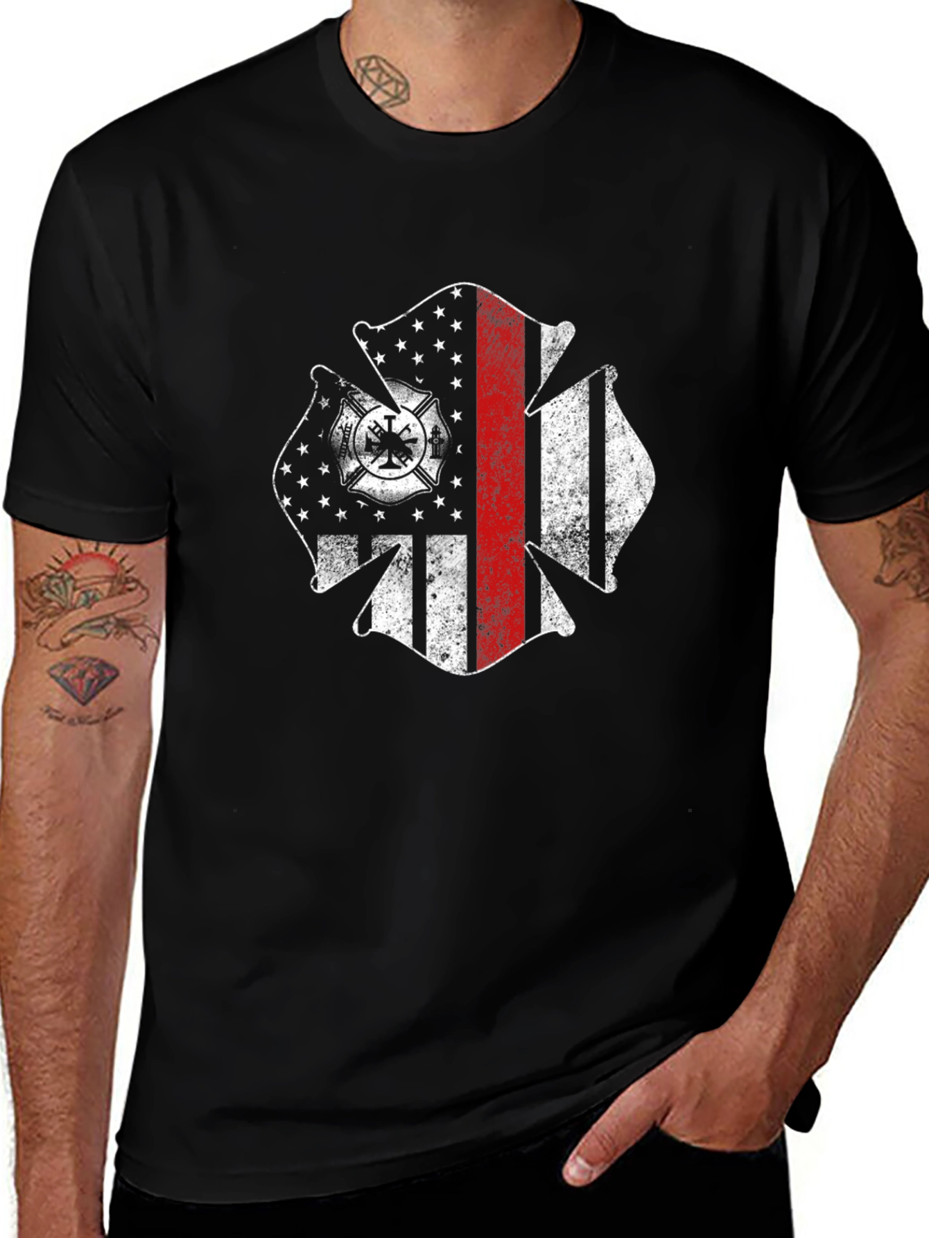 Firefighter Maltese Cross USA Flag Black T-Shirt