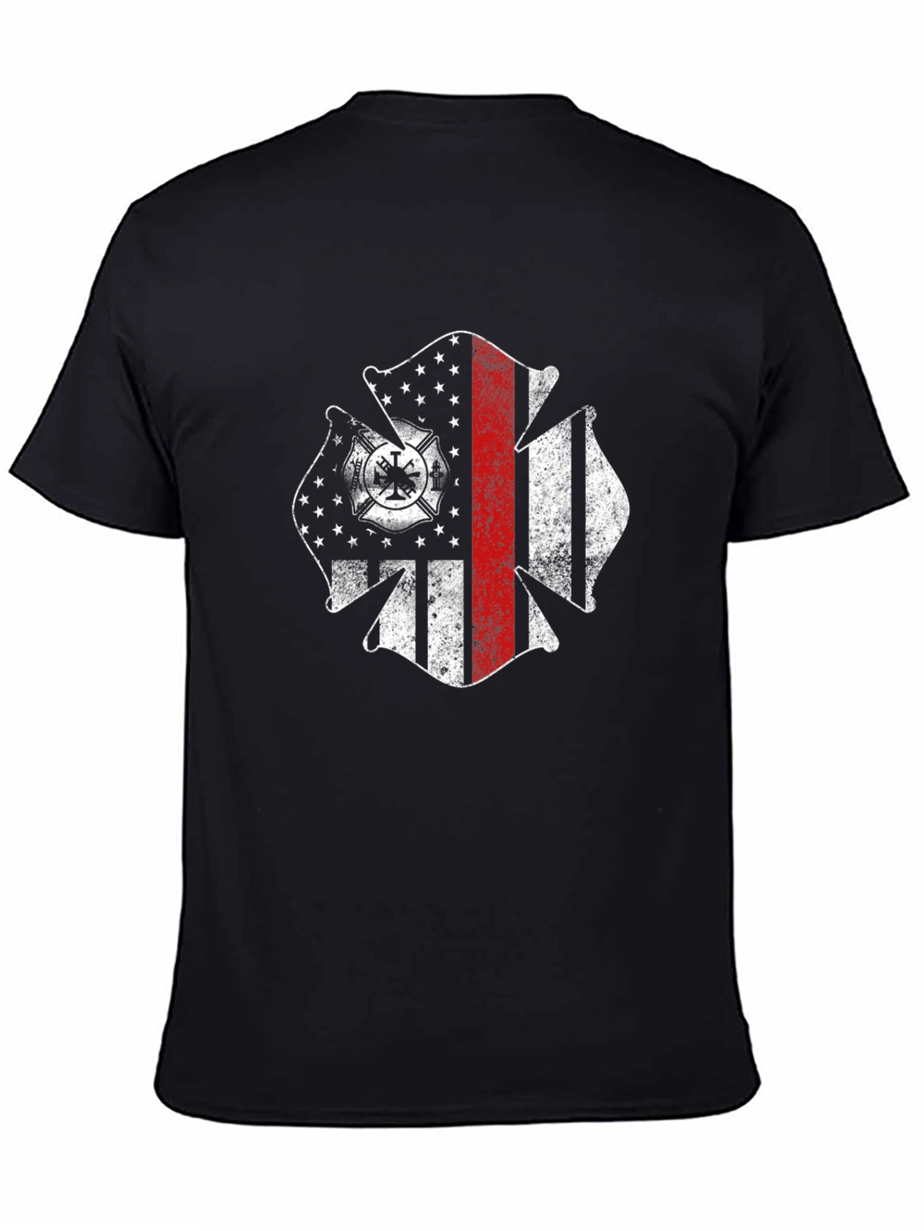 Firefighter Maltese Cross USA Flag Black T-Shirt