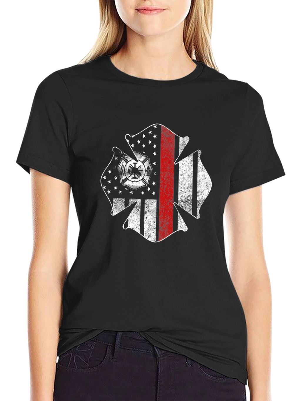 Firefighter Maltese Cross USA Flag Black T-Shirt