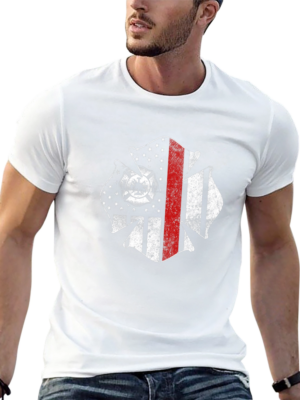 Firefighter Maltese Cross USA Flag Black T-Shirt